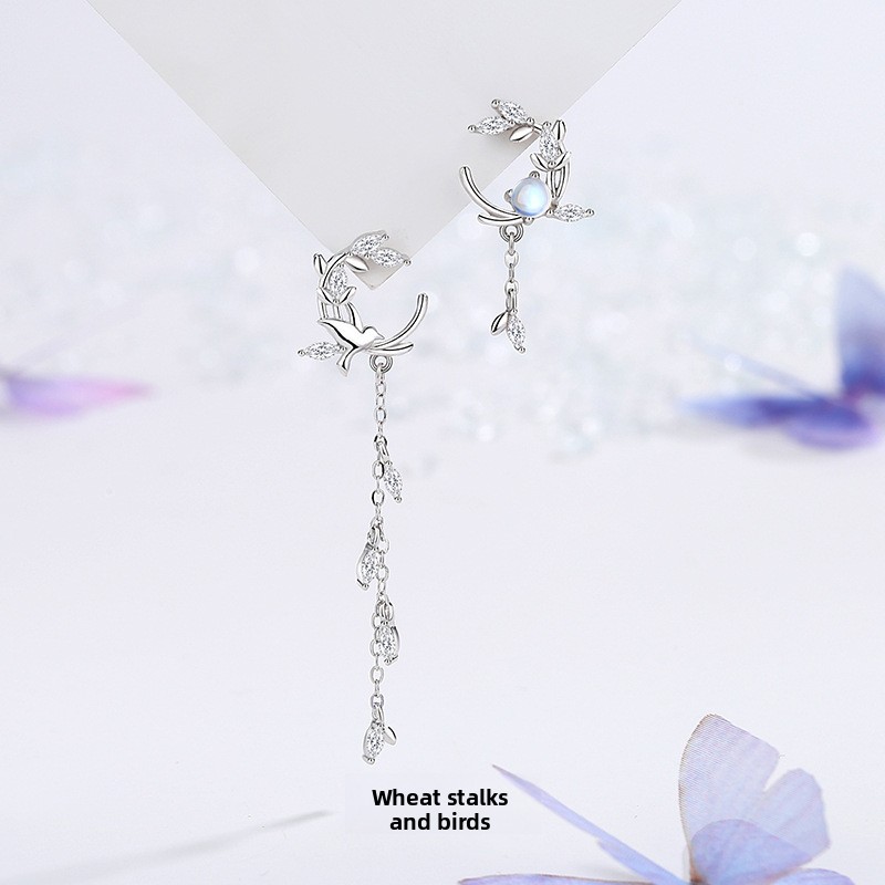 Original wheat stalk and bird-shaped earrings, women’s sterling silver, forest-themed geometric floral design, asymmetrical tassel earrings, long and elegant drop earrings