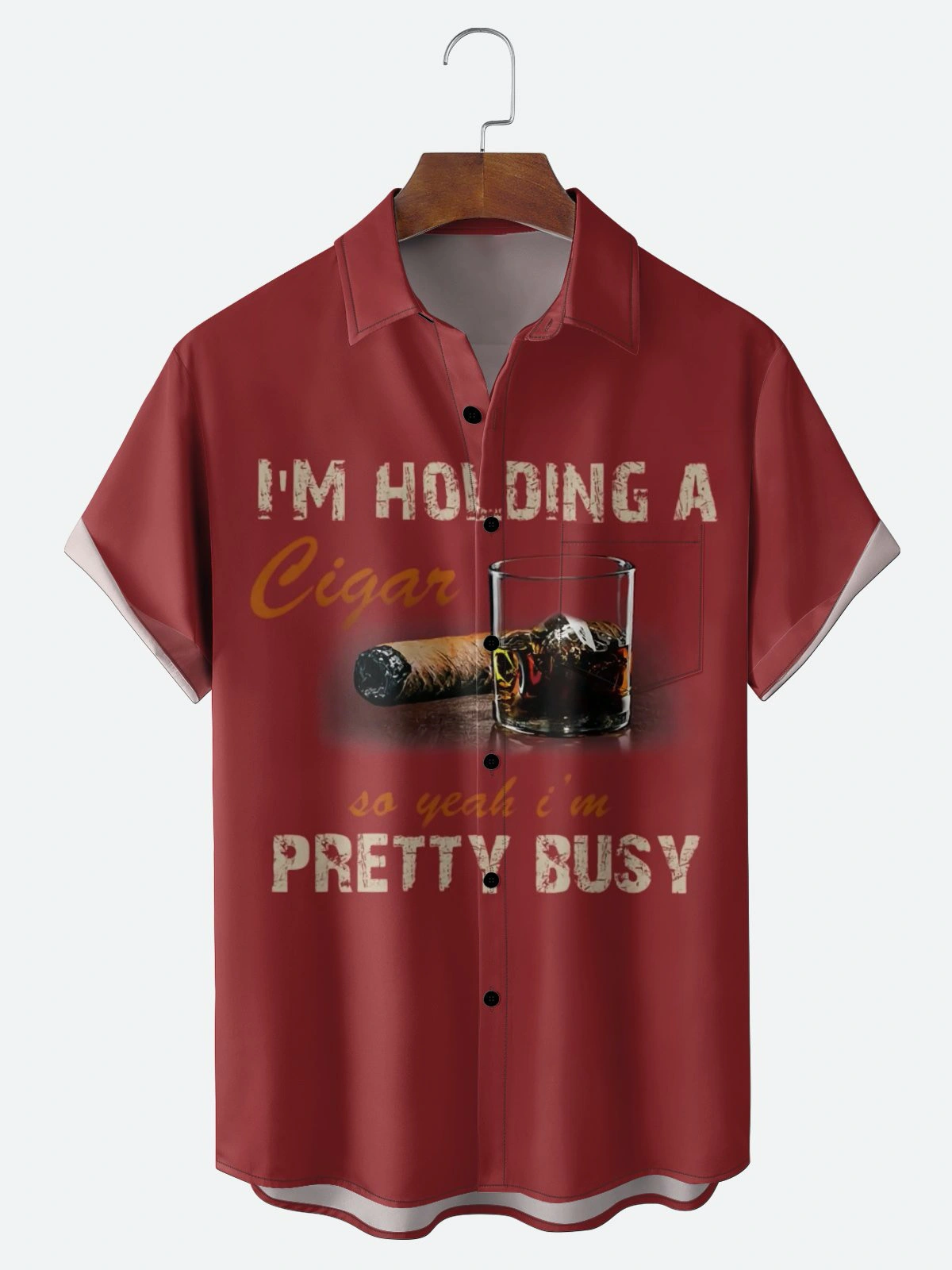 Moisture-Wicking Humorous & Funny Cigar And Wine Glass Slogan Chest Pocket Hawaiian Shirt