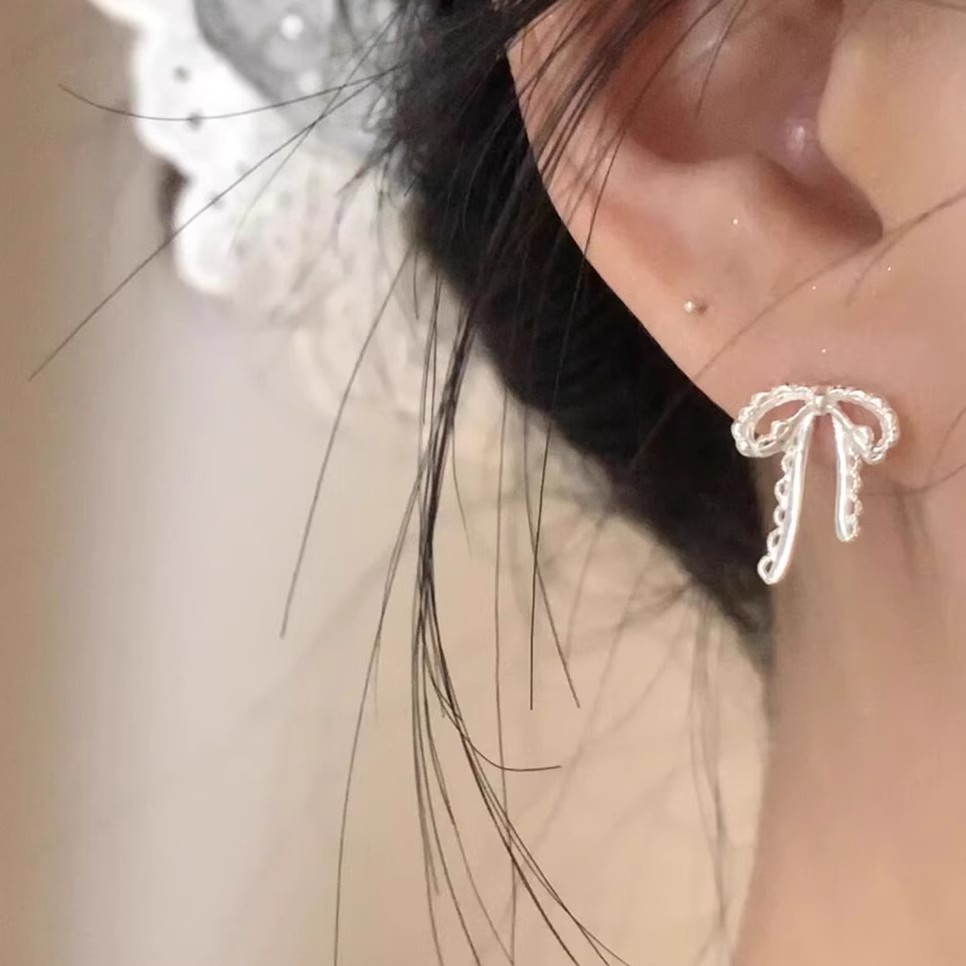 925 Sterling Silver Bow Stud Earrings| Delicate Lace Design
