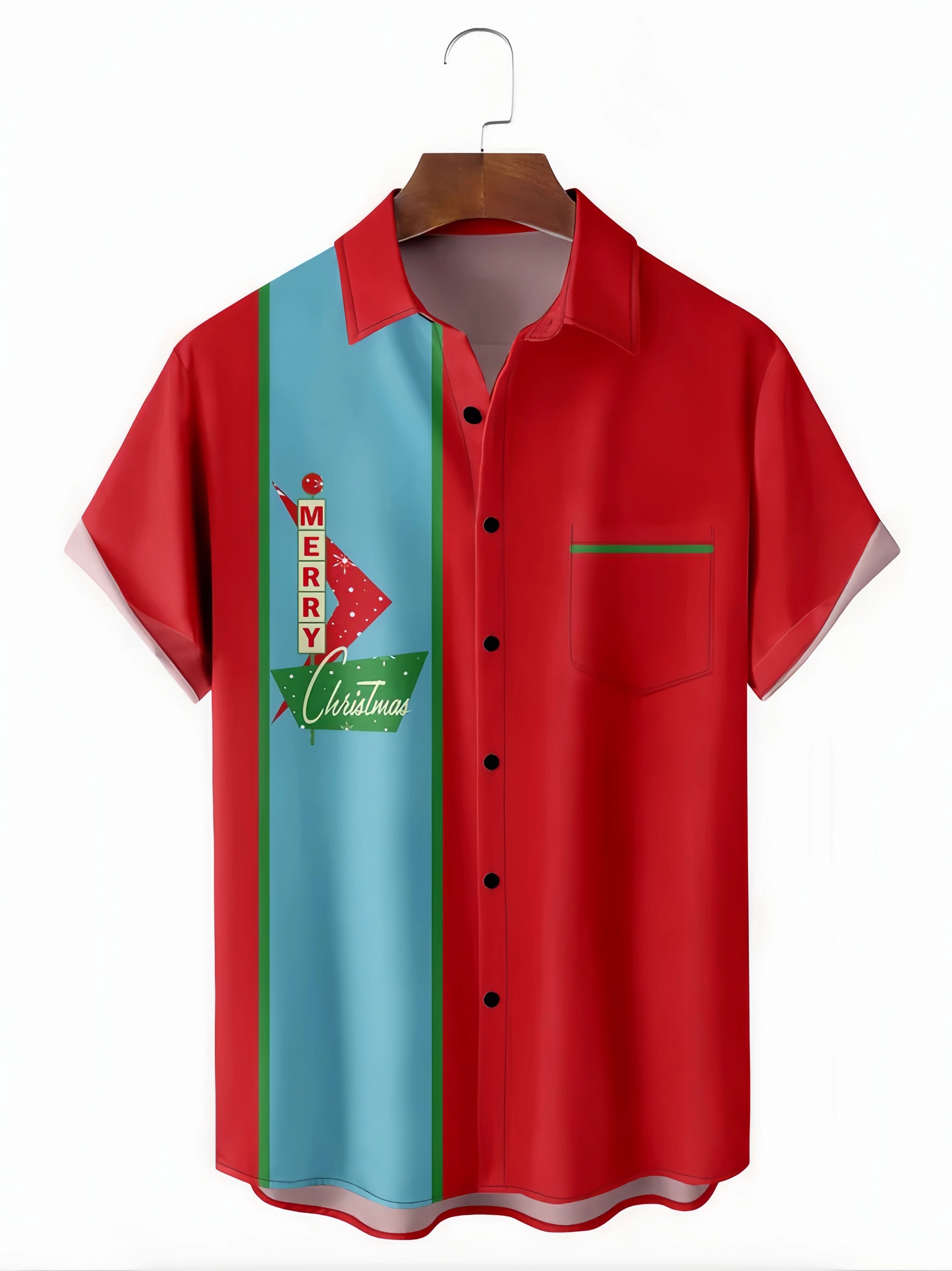 Christmas Chest Pocket Short Sleeve Bowling Shirt