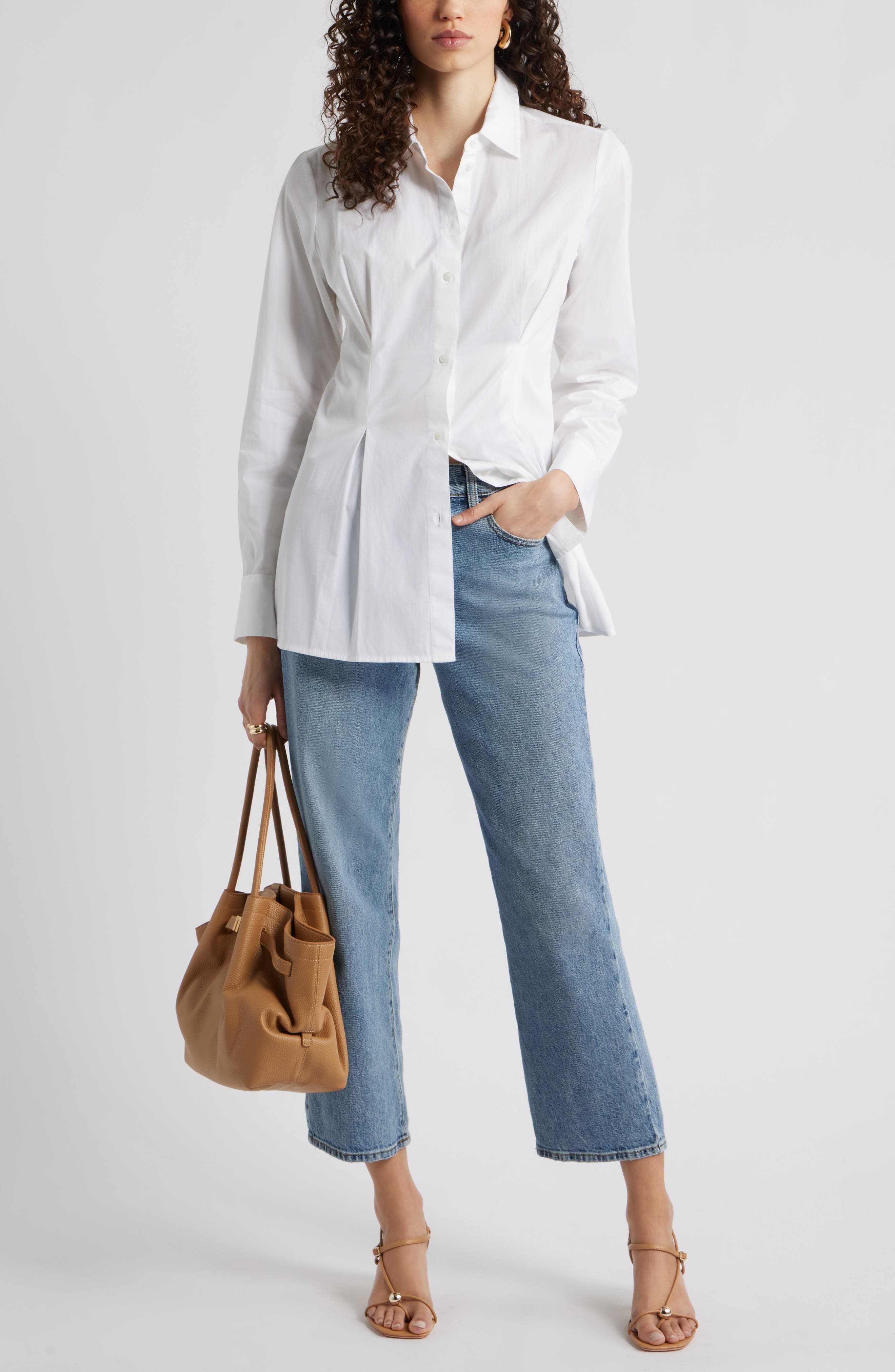 Nordstrom Pleat Waist Cotton Poplin Button-Up Shirt