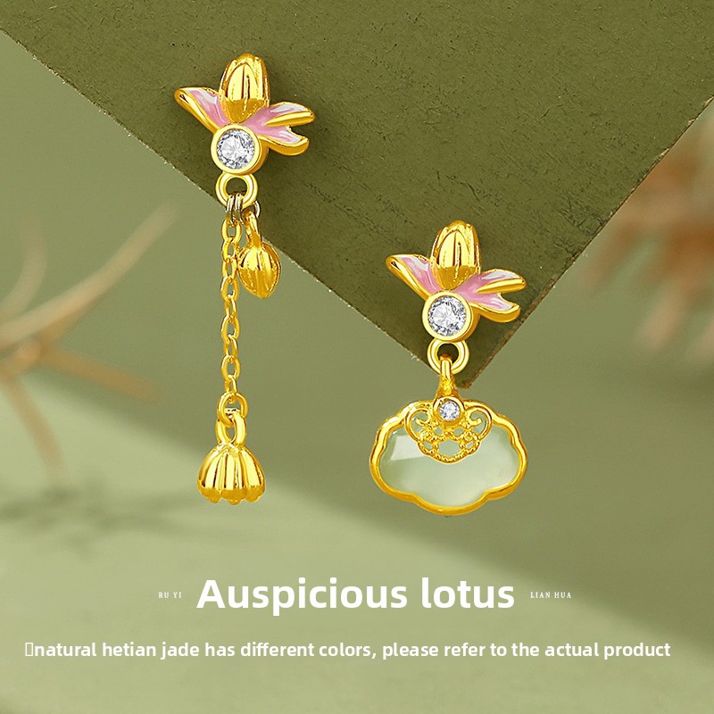 Original Ruyi Lotus Earrings for Women, 925 Sterling Silver, Vintage Chinese Style, New Chinese Style, 18K Gold Earrings, Hetian Jade Ear Accessories