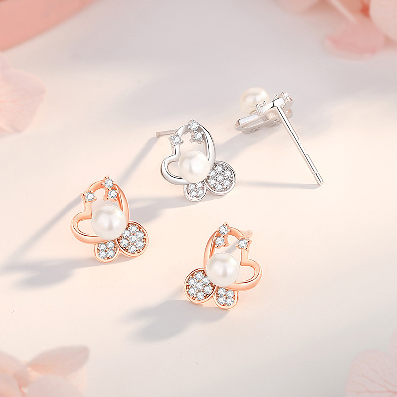 Original butterfly pearl earrings for women, 925 sterling silver with micro-inlaid zircon, high-end earrings, compact silver studs, ins-style ear accessories
