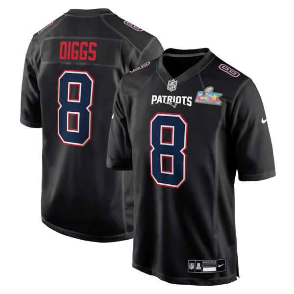 Men's New England Patriots Stefon Diggs Nike Black Super Bowl LX Patch Carbon Fashion Game Jersey