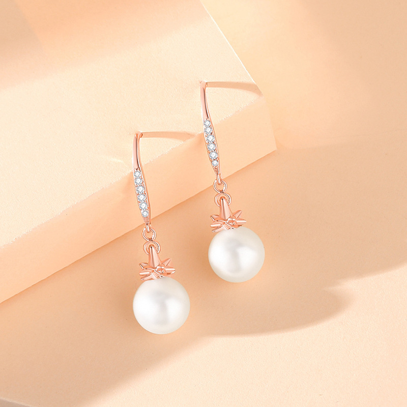 925 sterling silver good luck lotus shell pearl ear hook vintage new Chinese style elegant earrings with micro-inlaid zirconia