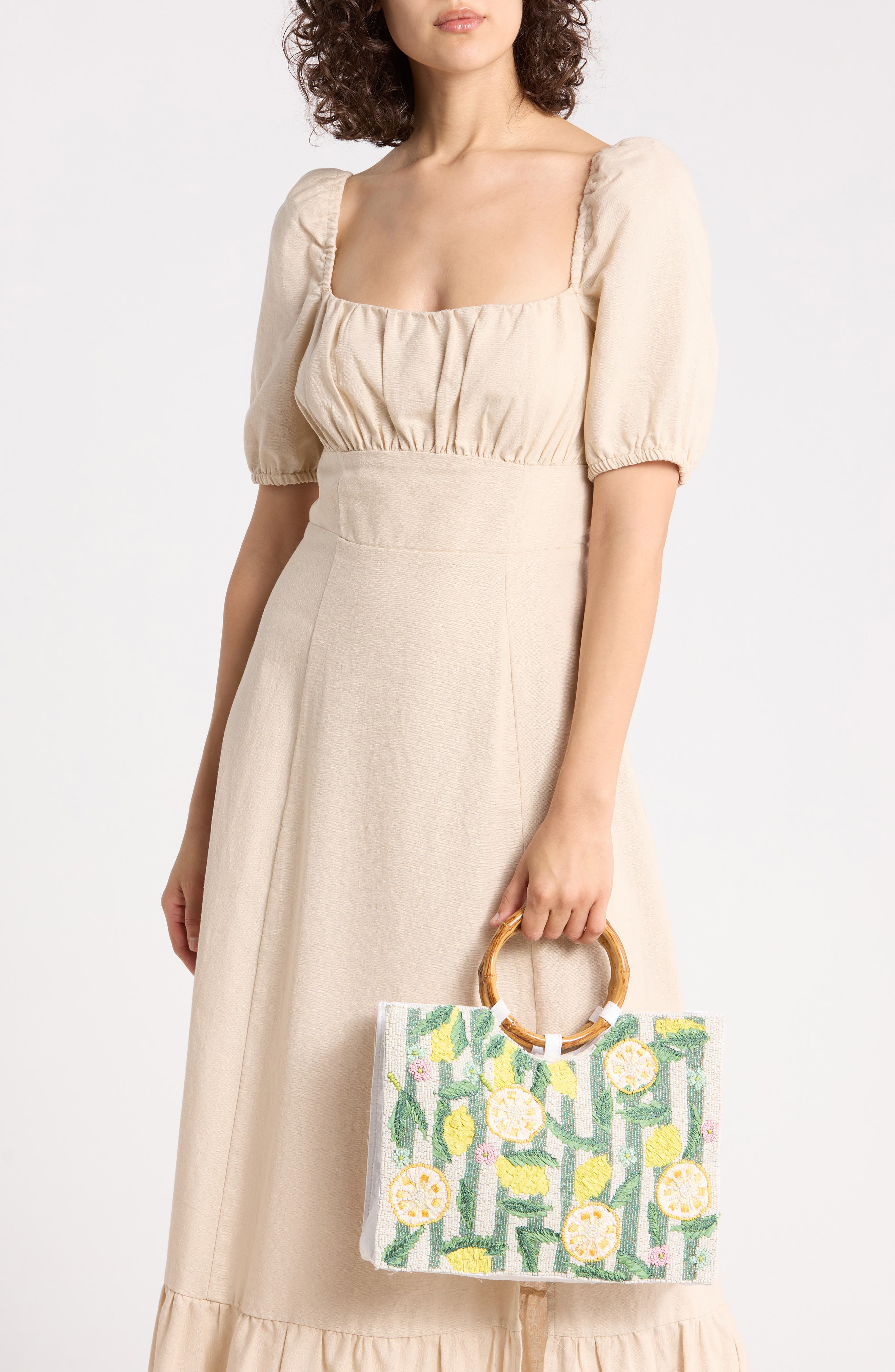 Collection XIIX Lemon Beaded Ring Handle Tote Bag