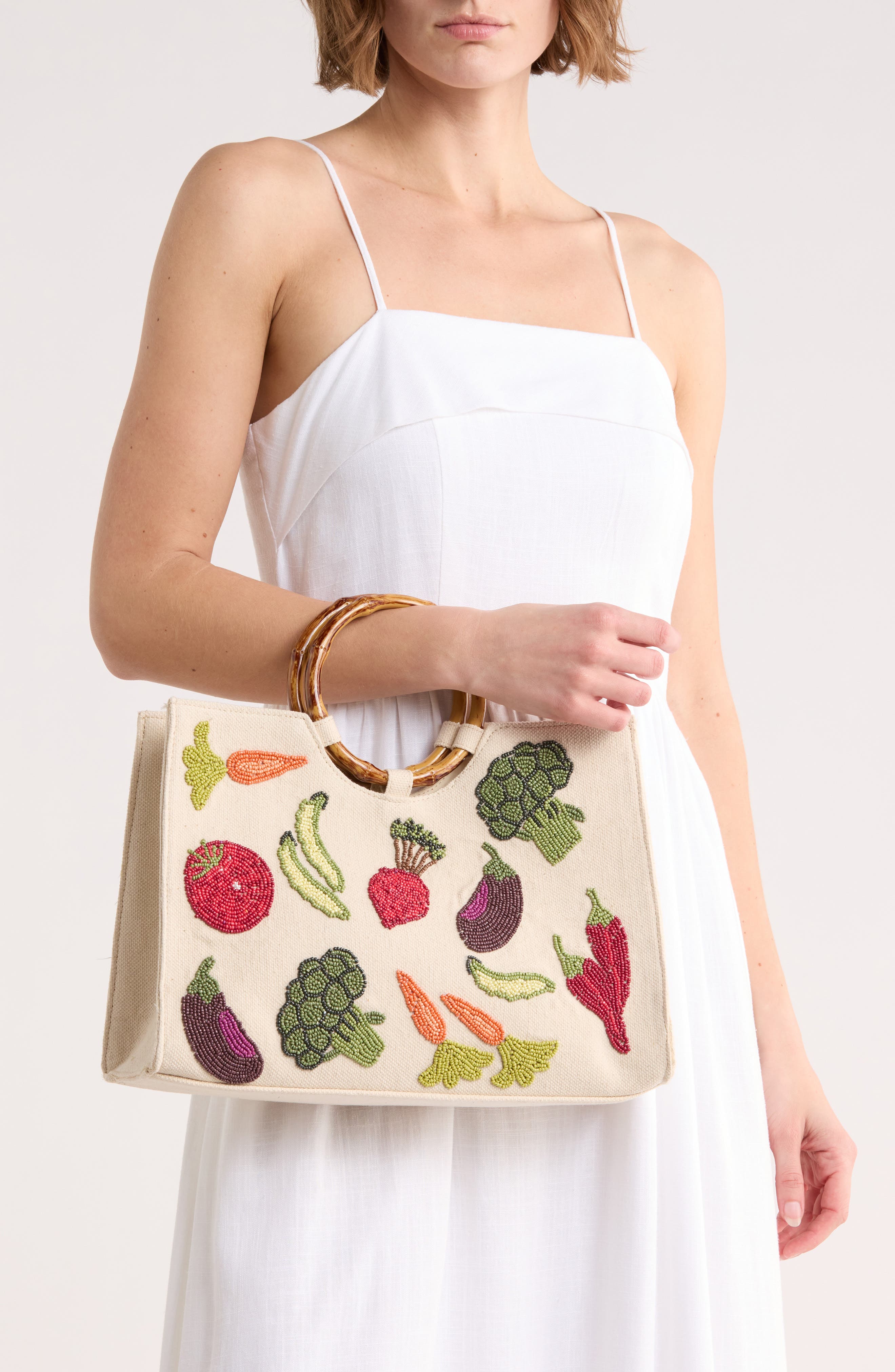 Collection XIIX Beaded Veggie Bamboo Handle Tote Bag