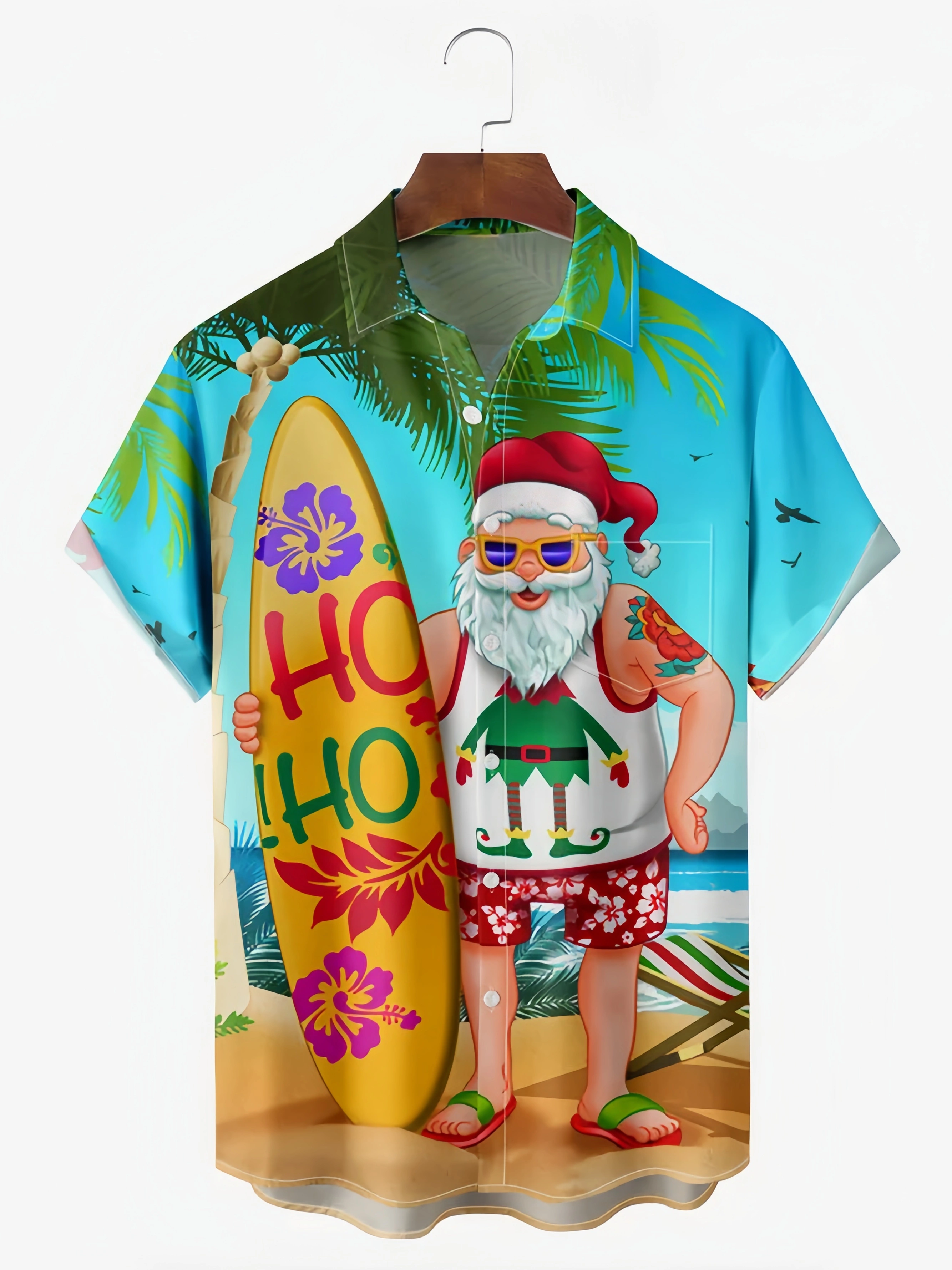 Santa Claus Chest Pocket Short Sleeve Hawaiian Shirt