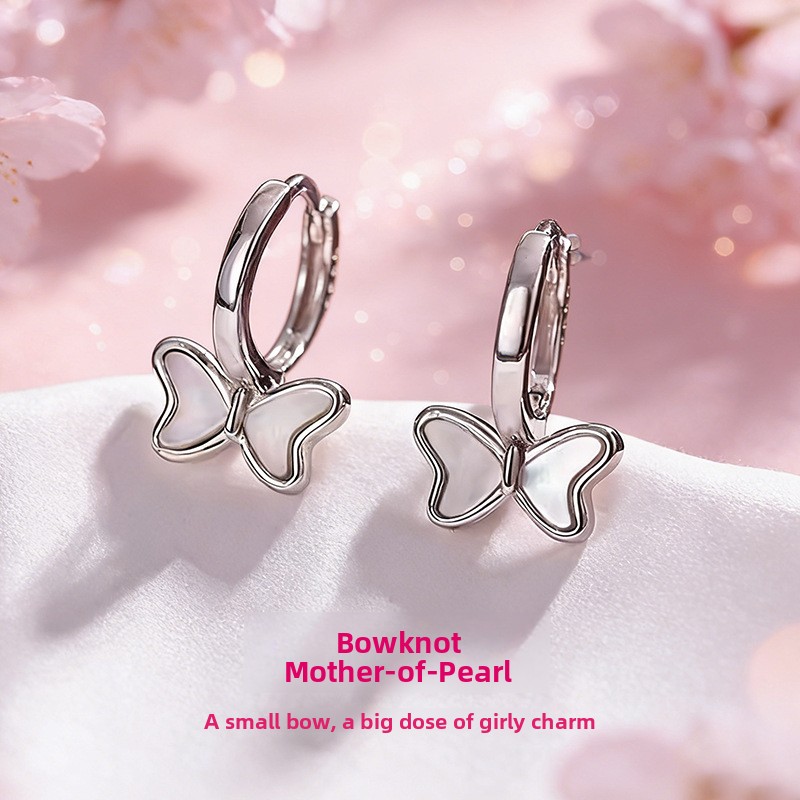 999 pure silver bow-shaped earrings with mother-of-pearl accents, featuring a forest-inspired French style, perfect for a chic and fresh look, ideal as a gift for close female friends