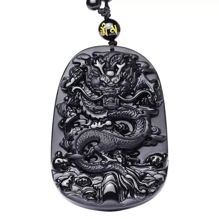 Natural Black Obsidian Carved Dragon Amulet Lucky Pendant beads necklace for men's Fashion Jades Jewelry