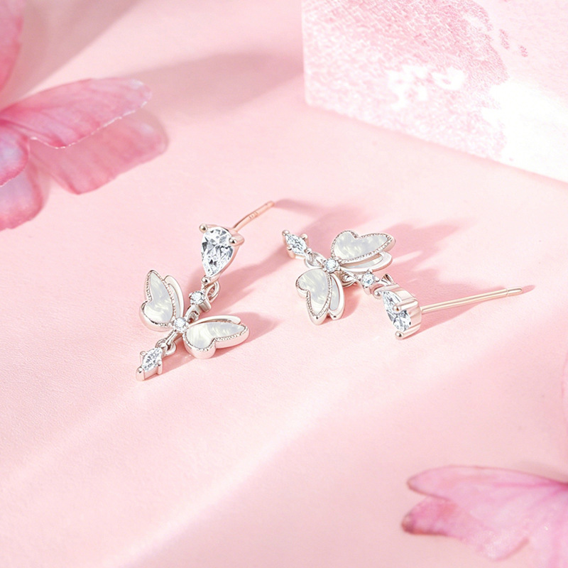 Original design, fairy butterfly earrings for women, sterling silver, summer Korean style, trendy and delicate, with small water droplet cubic zirconia accents