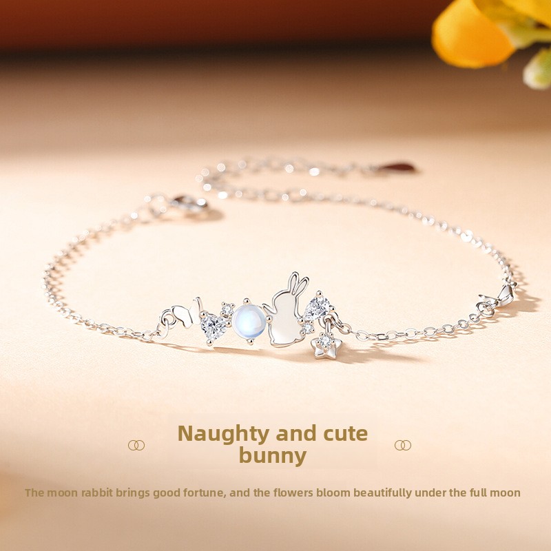 Original design, a cute and playful rabbit bracelet for women, with a minimalist and woodland-inspired aesthetic, featuring a moonstone charm, perfect for the Mid-Autumn Festival, made of pure silver