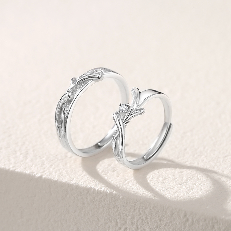 Original wooden couple rings for women, made of pure silver, featuring a spring forest design, with a unique and stylish look, in Japanese and Korean styles, a trendy gift