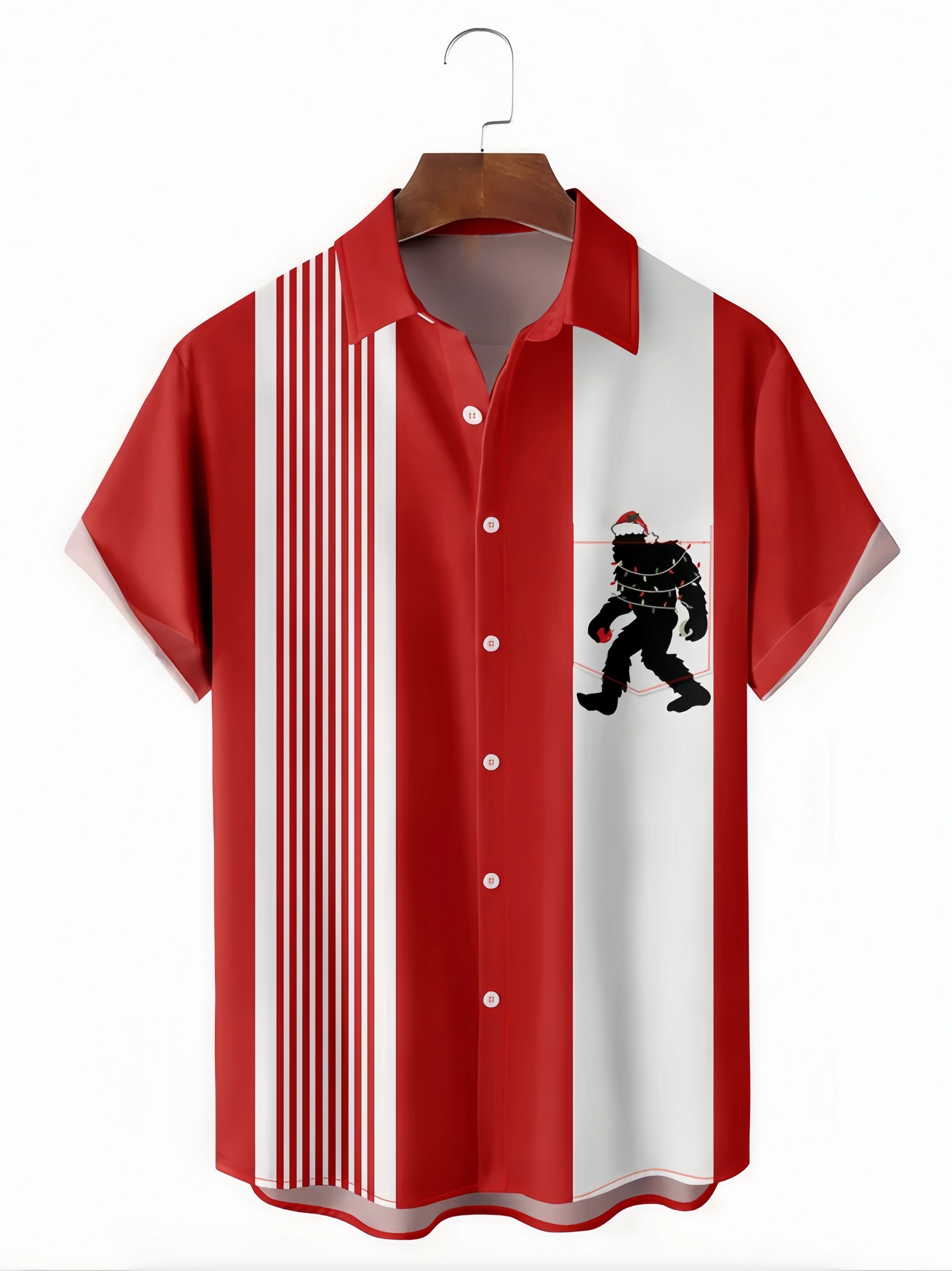 Christmas Bigfoot Chest Pocket Short Sleeve Bowling Shirt