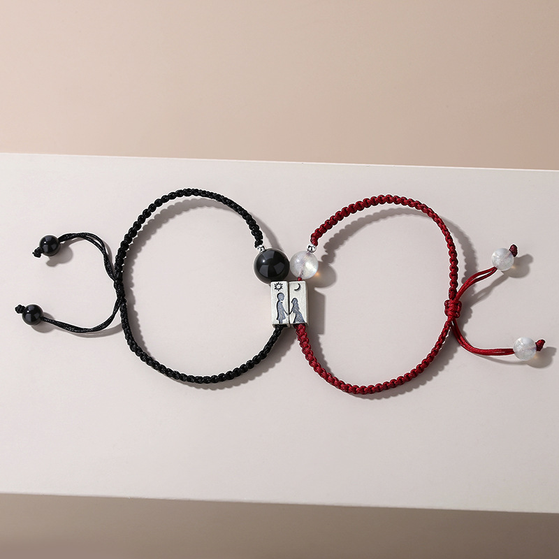 Original Sun and Moon Lover Couple Bracelet, Korean Style Minimalist Moonstone Braided Red String Bracelet for Couples