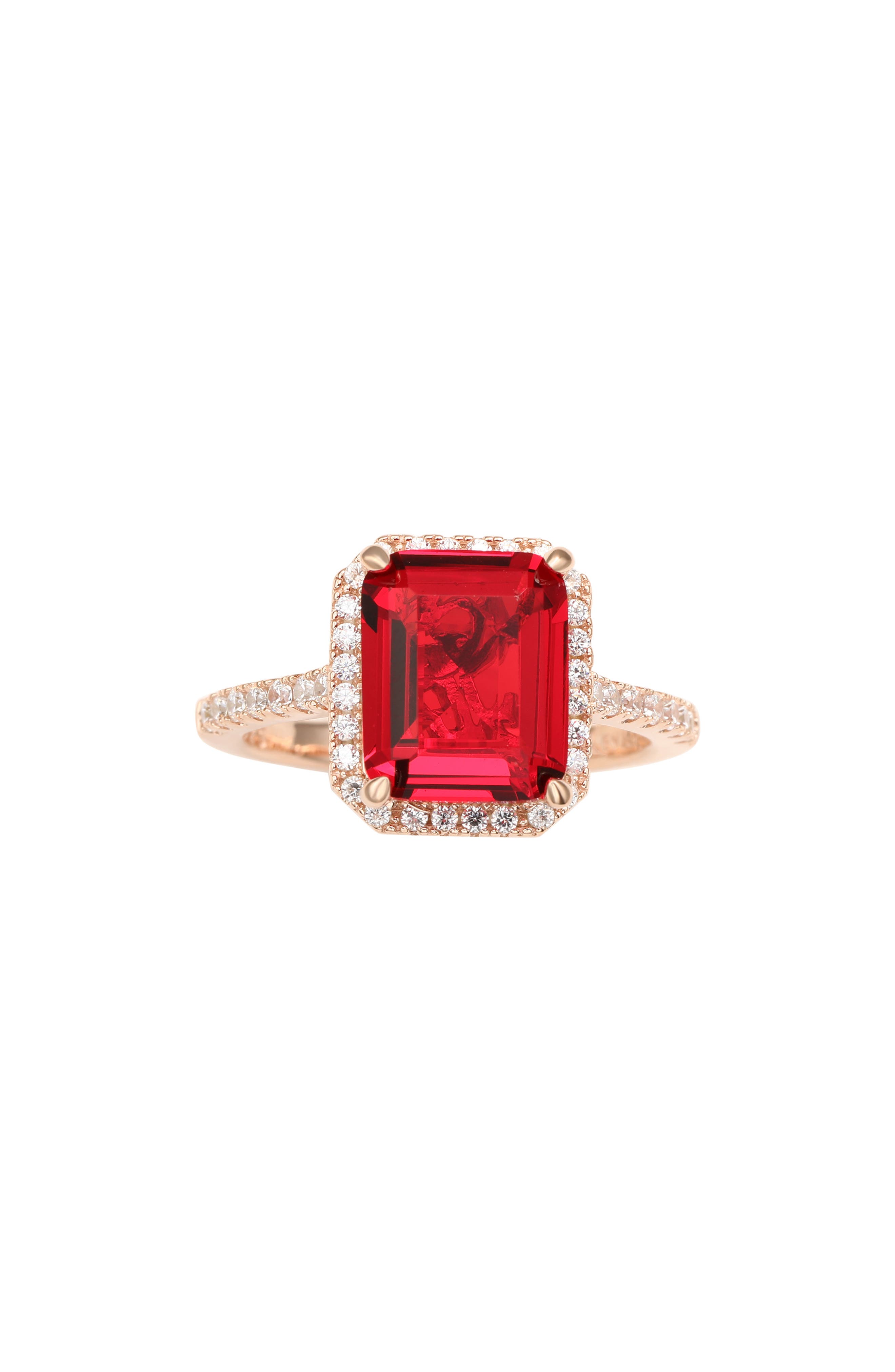 SUZY LEVIAN 14K Rose Gold Plated Sterling Silver Red & White Cubic Zirconia Halo Bridal Ring