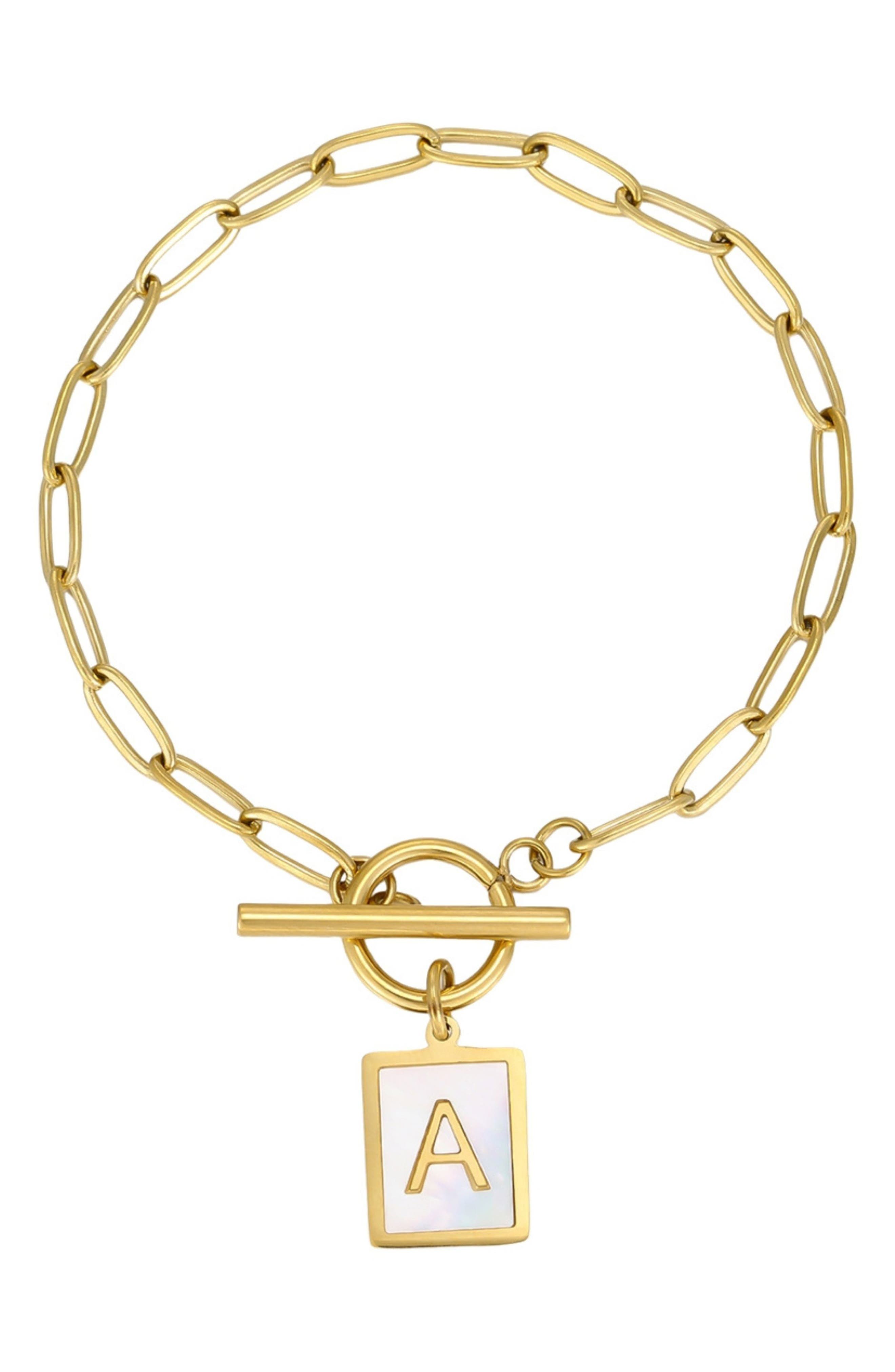 Adornia 18K Gold Plated Mother-of-Pearl Initial Charm Toggle Bracelet