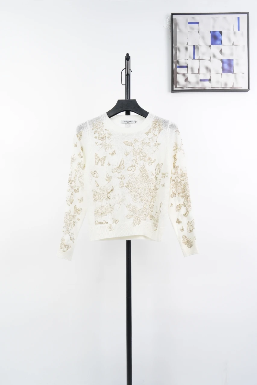 Dior Cream Gold Thread Butterfly Floral Cashmere Sweater product photo from LabelPicks