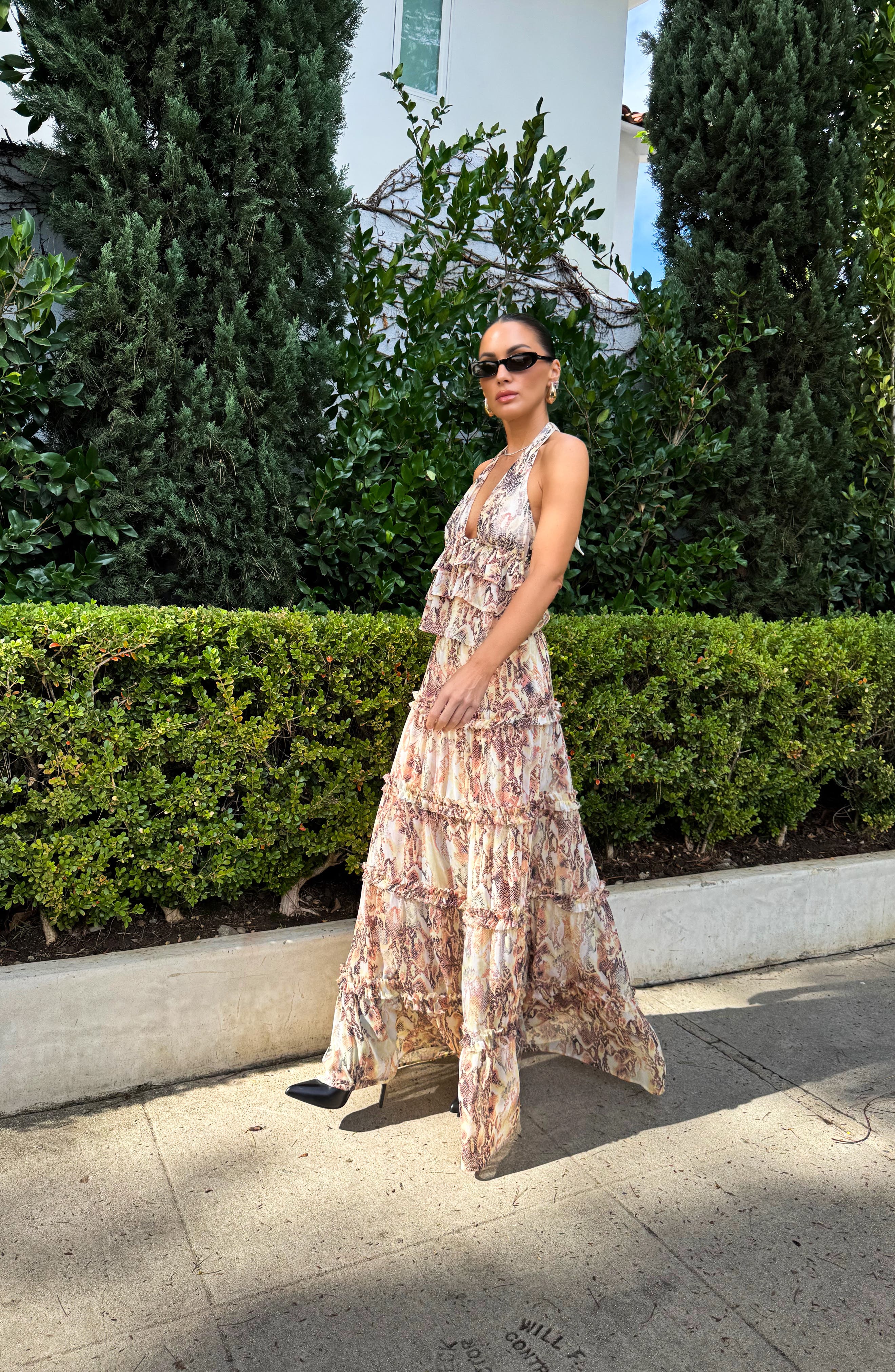 AFRM Sabina Snakeskin Print Tiered Maxi Skirt
