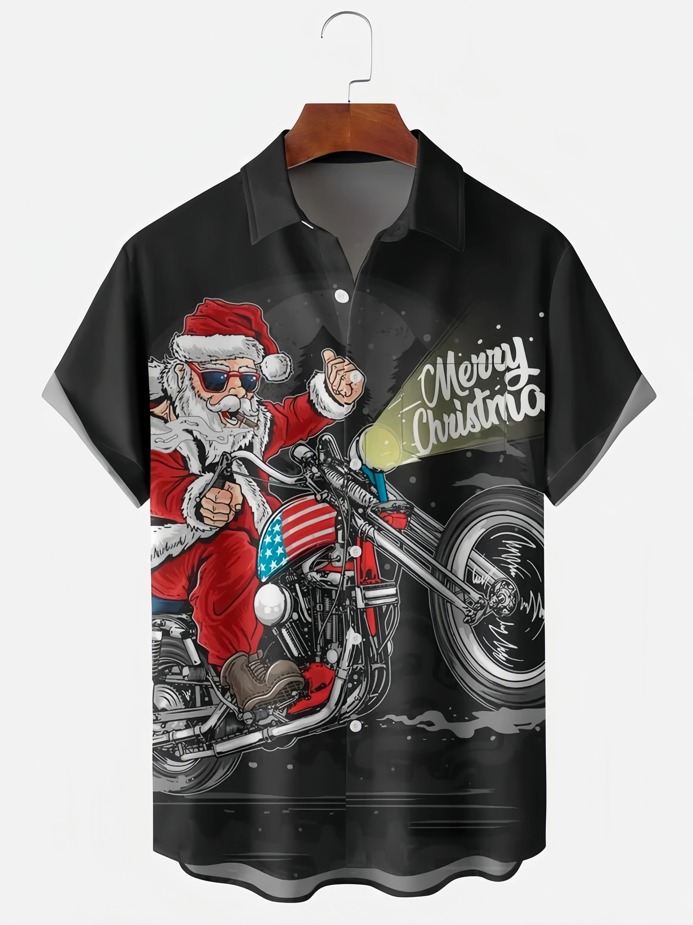 Men's Santa Print Casual Short Sleeve Shirt with Breast Pocket