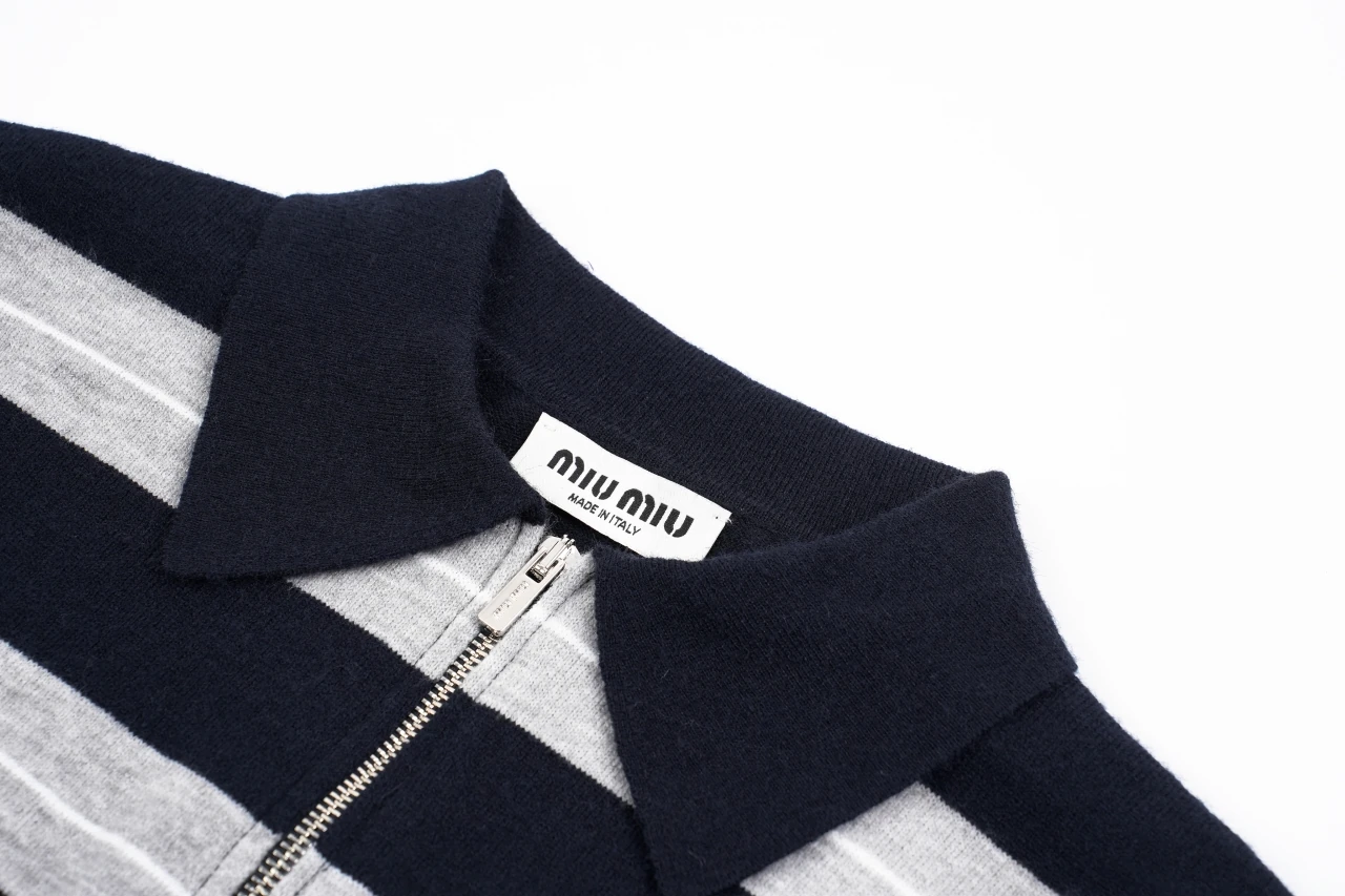 Miu Miu Navy White Stripe Logo Half Zip Sweater product photo from LabelPicks