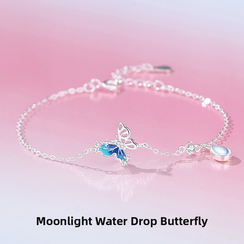 Original water drop butterfly bracelet for women, made of pure silver, featuring a summer forest design, with a fresh and delicate aesthetic, and moonstone accents – a trendy accessory