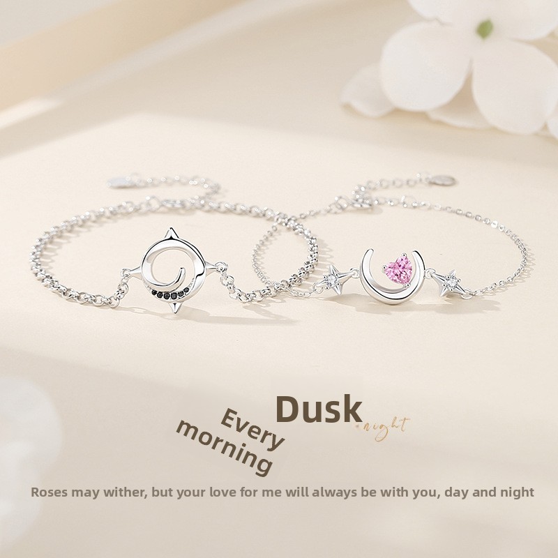 Original design couple bracelets for everyday wear, made of pure silver, a pair, featuring a unique design with geometric star and moon motifs, a perfect gift for the Qixi Festival