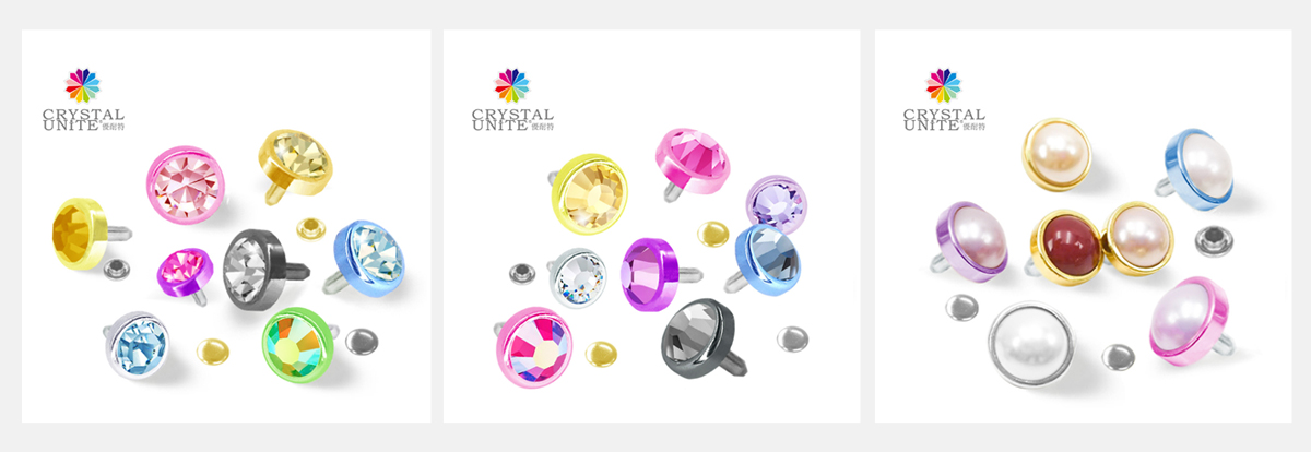 Three crystal styles: Chatons, Flat Back Stones, Flat Back Pearls