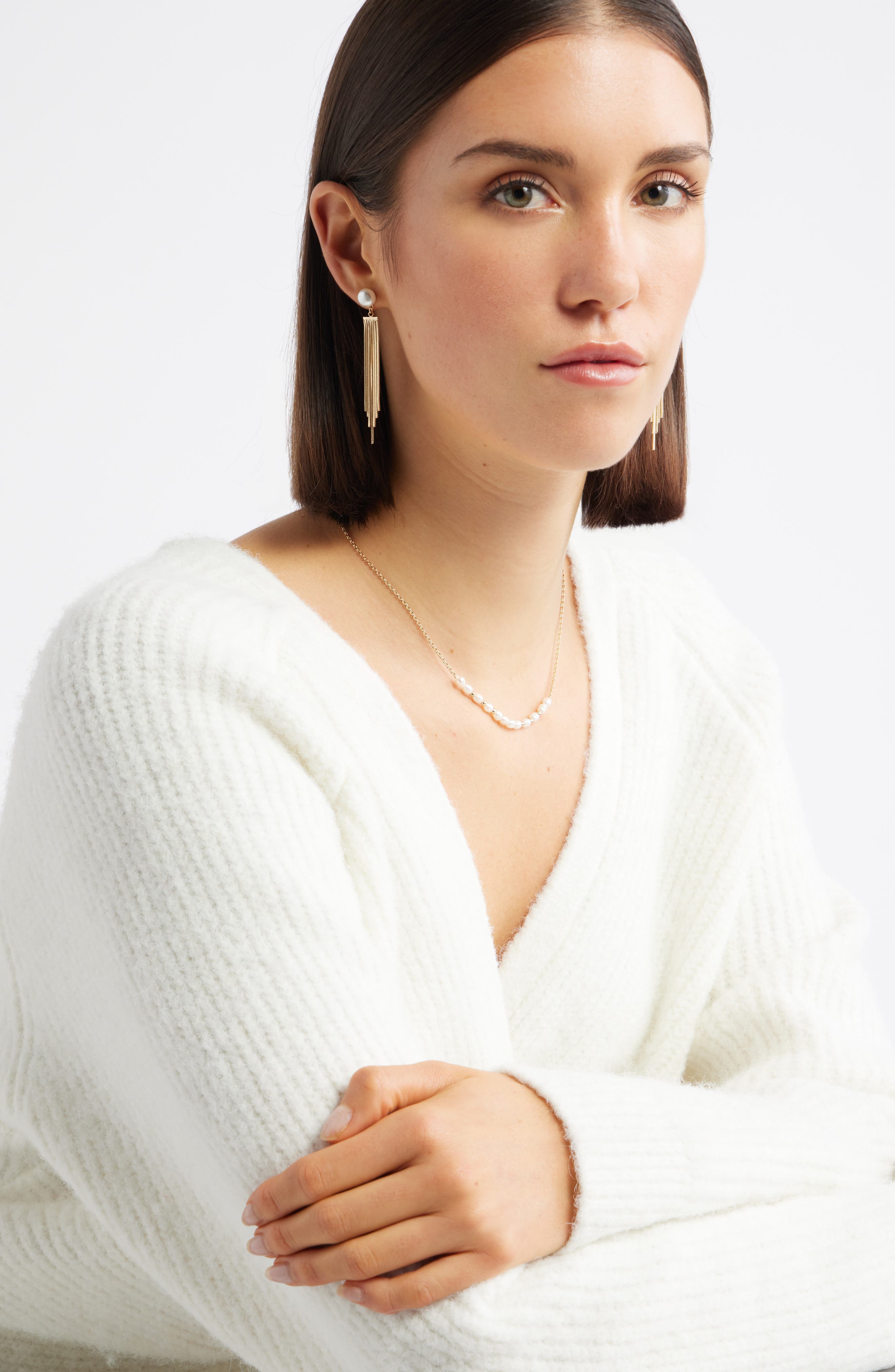 Nordstrom Chain Fringe Faux Pearl Drop Earrings
