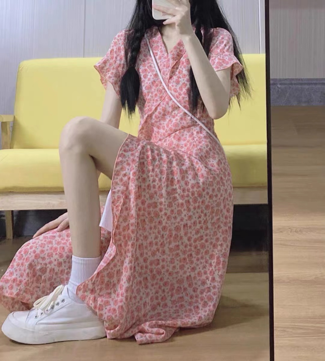 Summer new one-piece chiffon floral dress tea break French first love fairy split long skirt