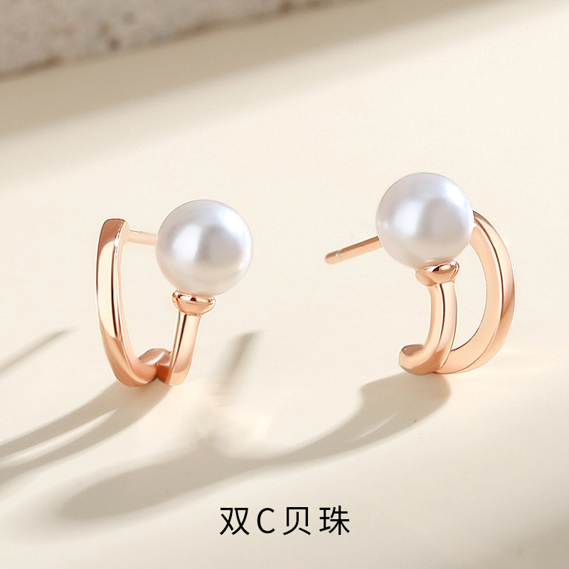 s925 sterling silver double C pearl stud earrings for women, versatile and fashionable, ins-style elegant earrings, popular rose gold earrings