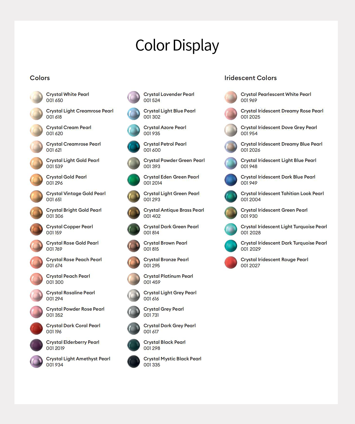 Swarovski crystal pearl color card