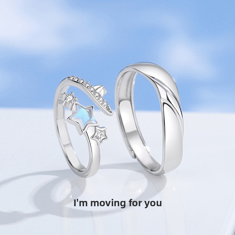 925 sterling silver meteor trajectory couple rings, original niche design, simple micro-paved cubic zirconia open ring