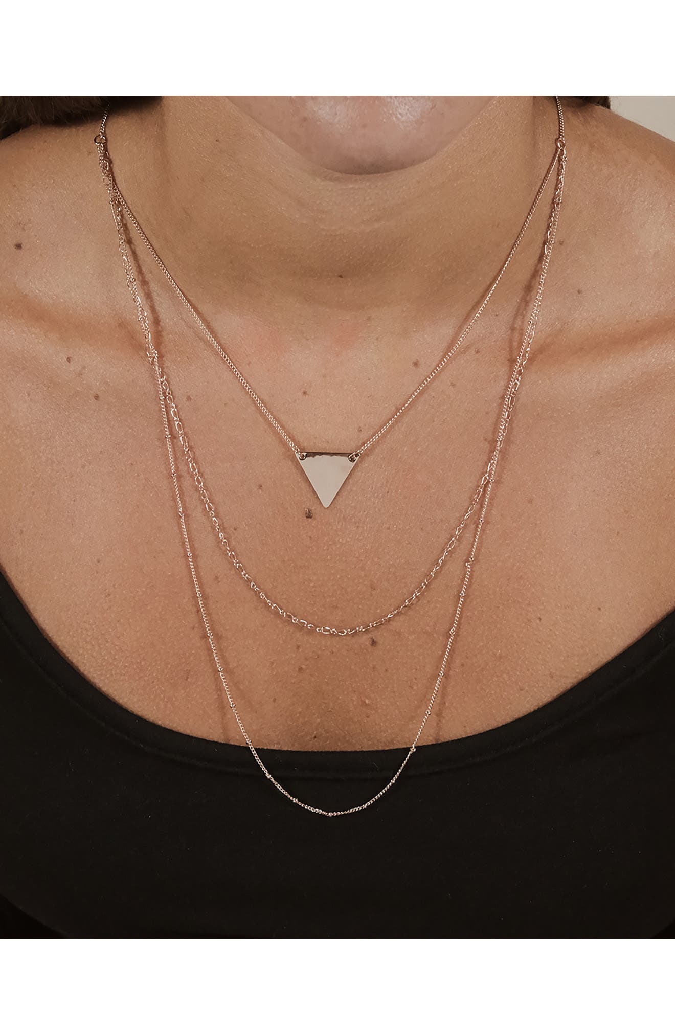 Sterling Forever Rose Gold Plated Triple Chain Layered Triangle Necklace