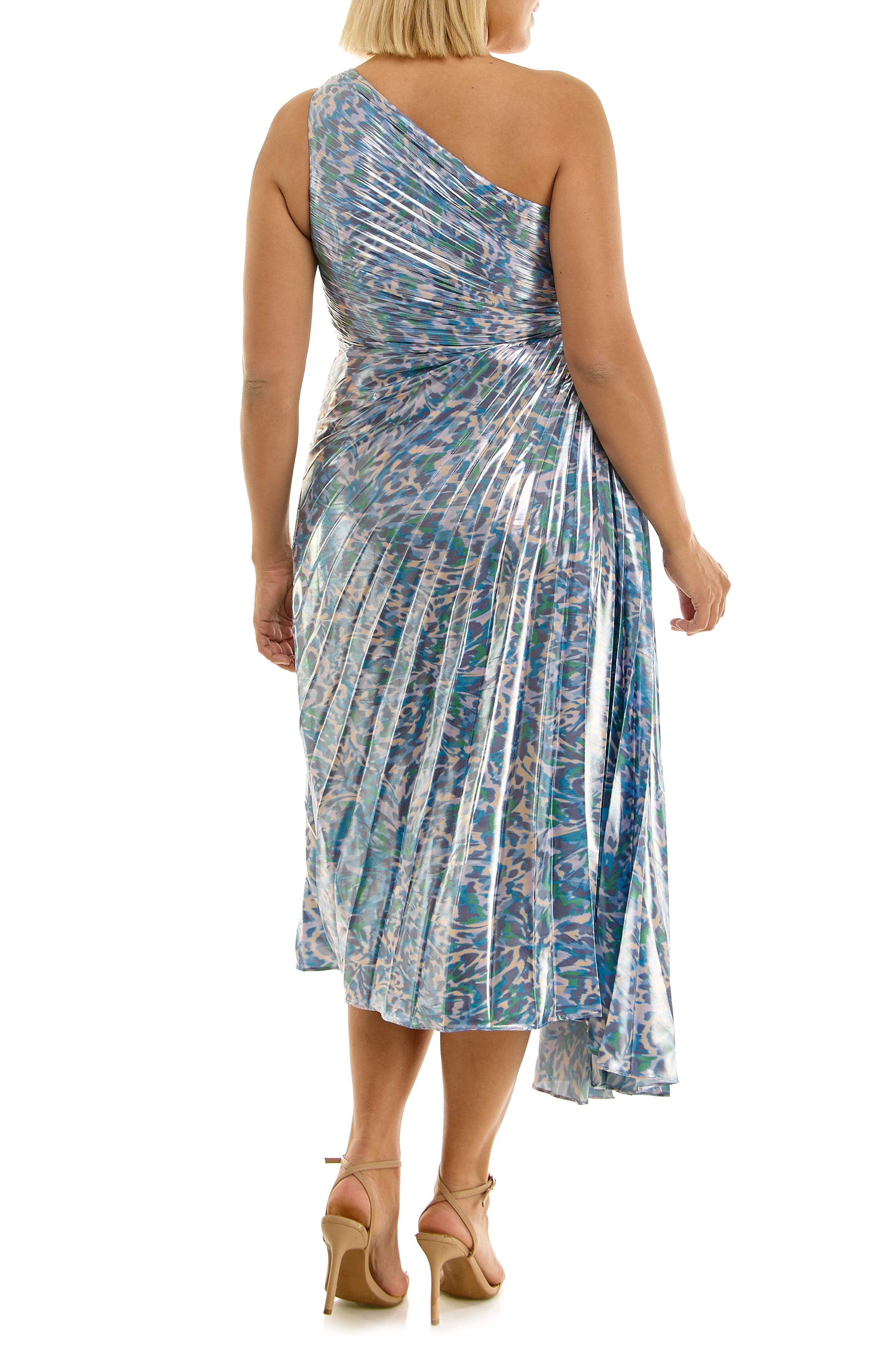 Nicole Miller Pleated One-Shoulder Metallic Dress