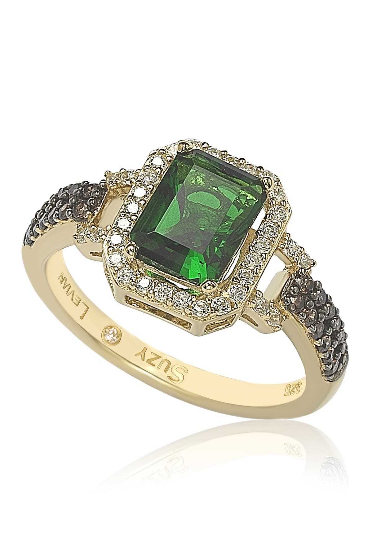 SUZY LEVIAN Yellow-Tone Sterling Silver Prong Set Emerald Cut & Pave CZ Ring