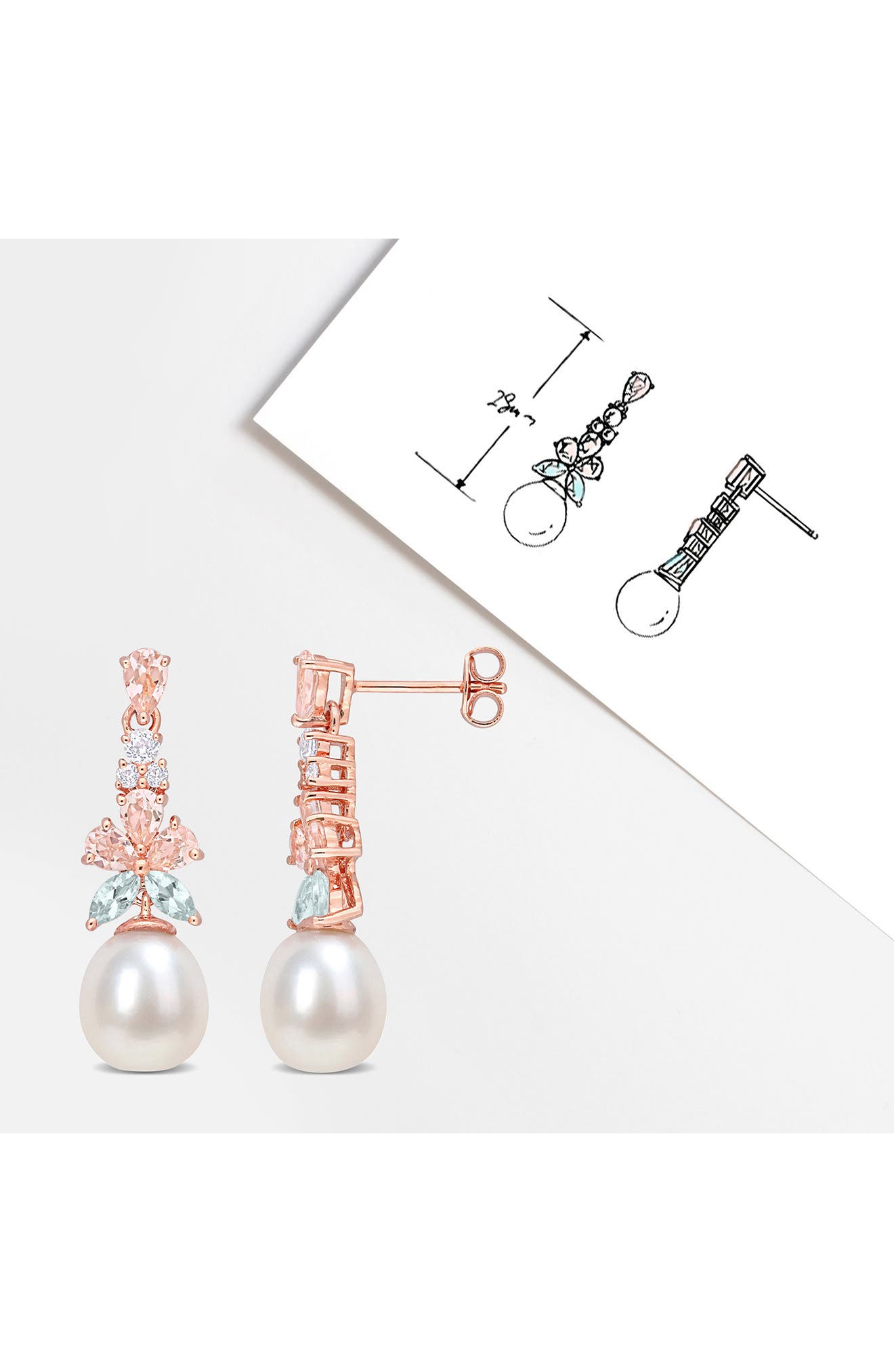DELMAR 18K Rose Gold Plated Morganite, White Topaz, Aquamarine & 8.5–9mm Cultured Pearl Drop Earrings
