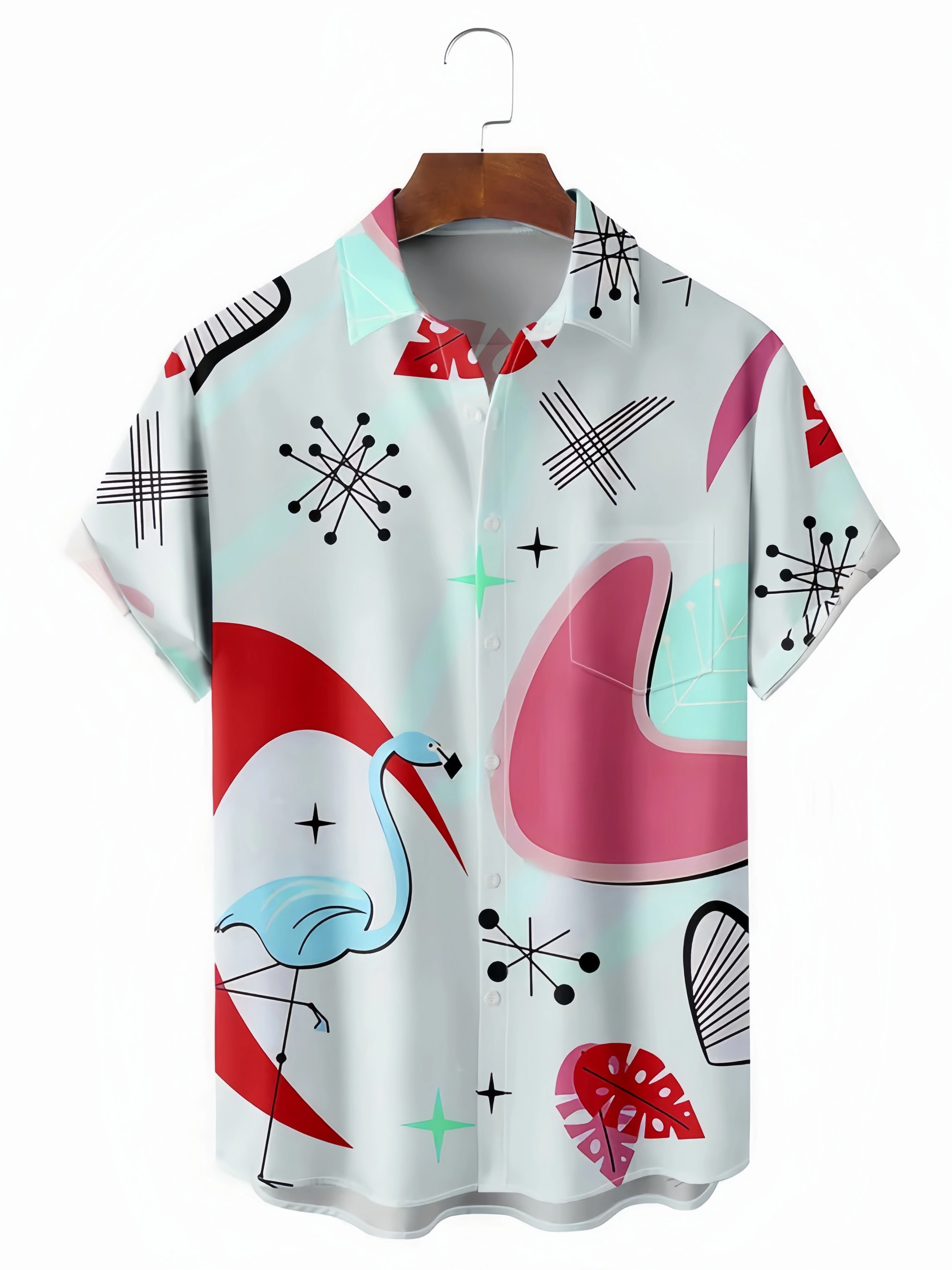 Mid Century Flamingo Chest Pocket Short Sleeve Hawaiian Shirt