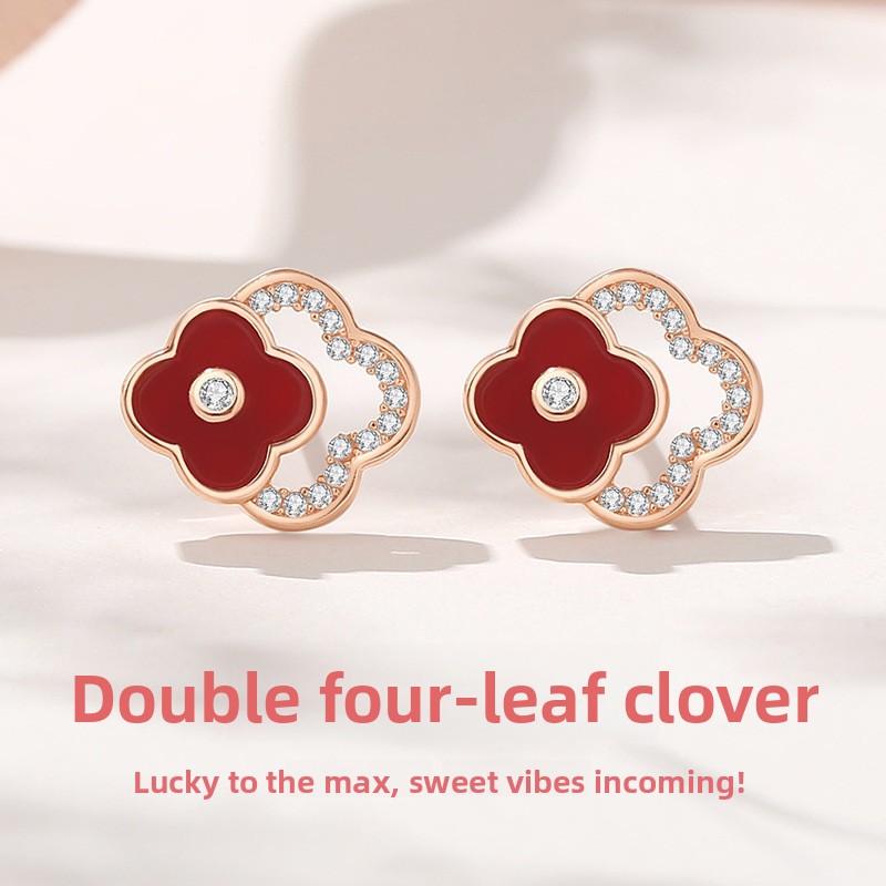 Original agate four-leaf clover earrings for women, made of 925 sterling silver, with a minimalist and elegant design featuring a delicate, hollowed-out pattern