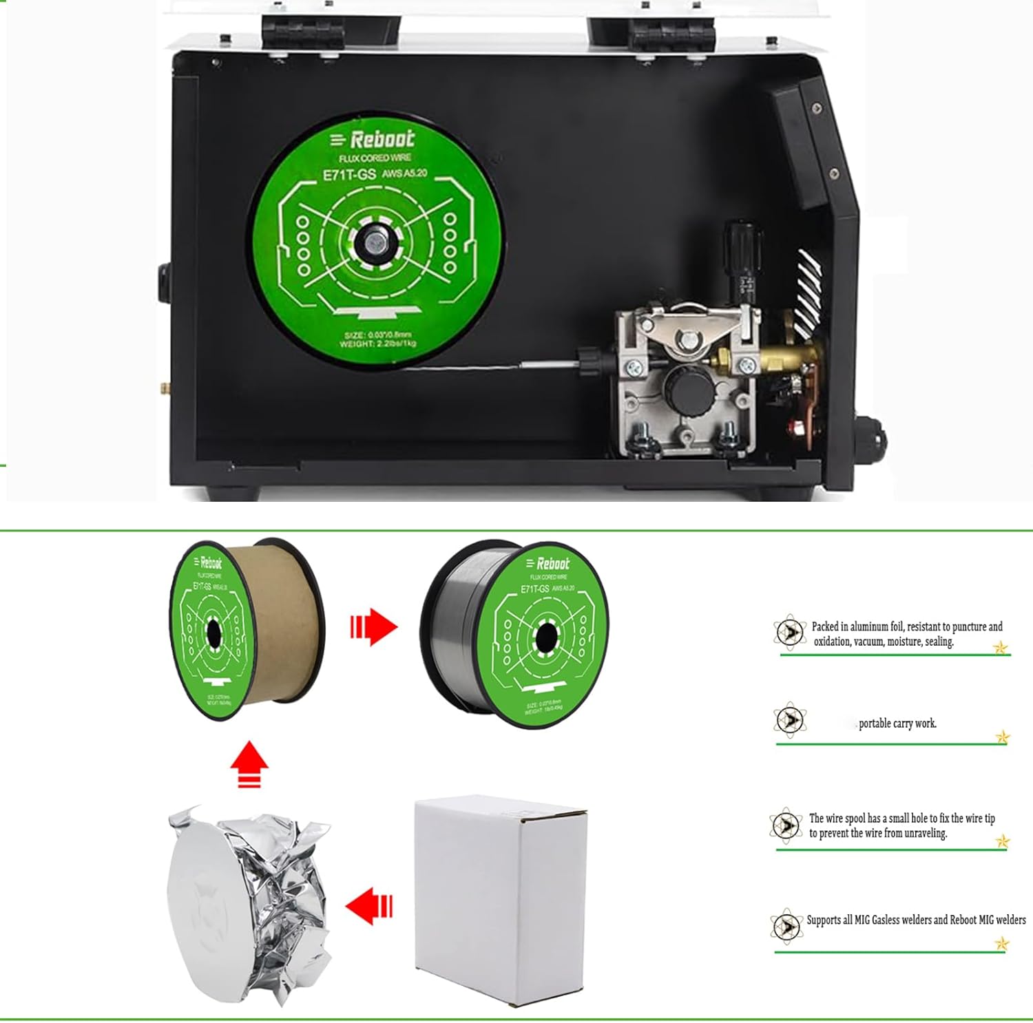 Reboot E71T-GS 1.0mm 1kg Gasless Flux-Cored Wire | FCAW for MIG, No Gas Needed,Suitable for Carbon Steel Welding