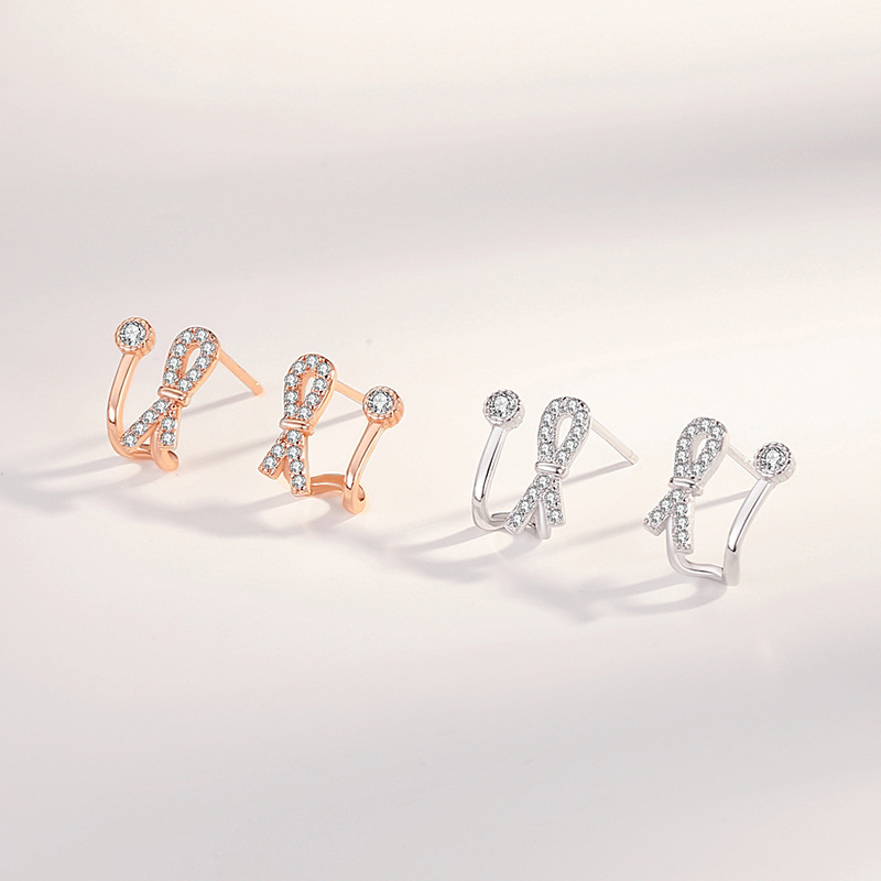 Korean-style bowknot earrings for women, summer, pure silver, simple and fashionable, rose gold, elegant, compact, mini, light luxury earrings
