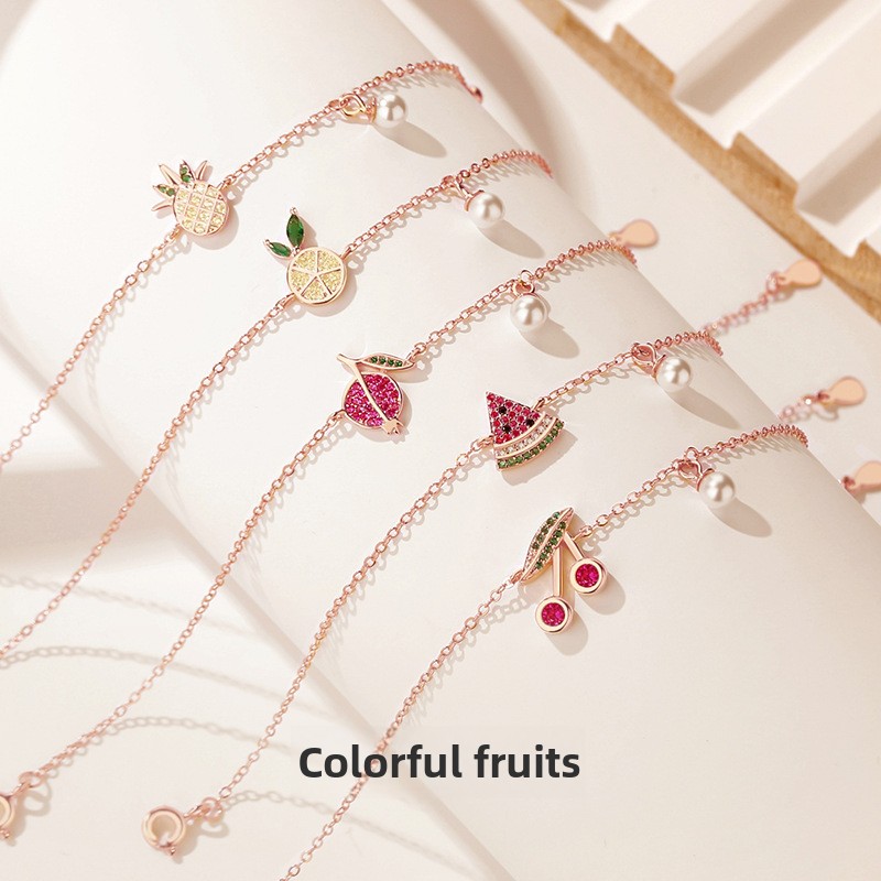 New colorful fruit bracelet, simple and trendy cherry bracelet, micro-paved with diamonds, sterling silver 925