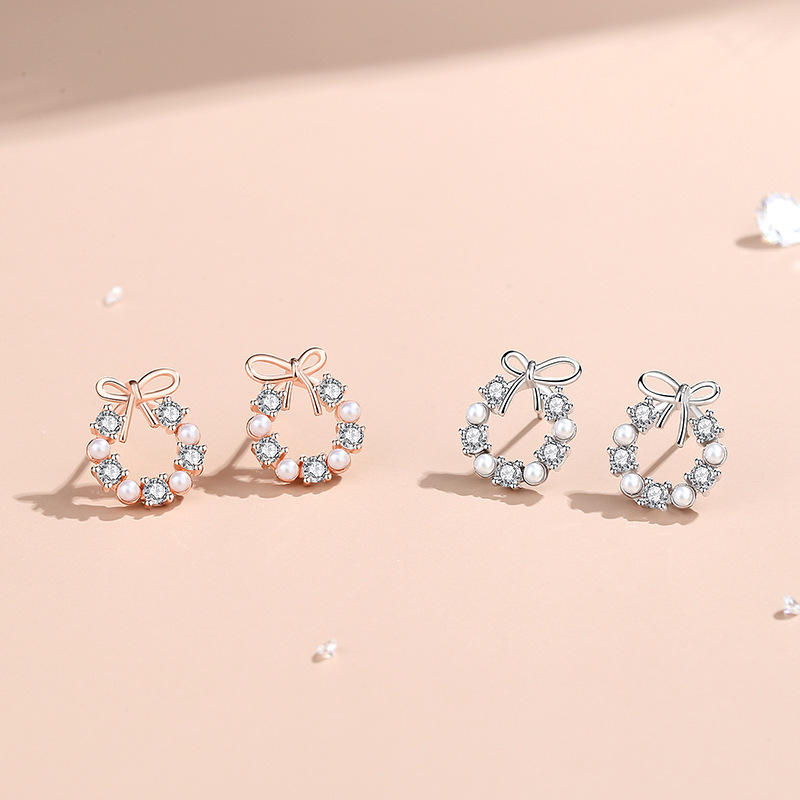 925 sterling silver sweet bowknot pearl earrings for women, simple and trendy, with a youthful and delicate design, versatile pearl flower earrings