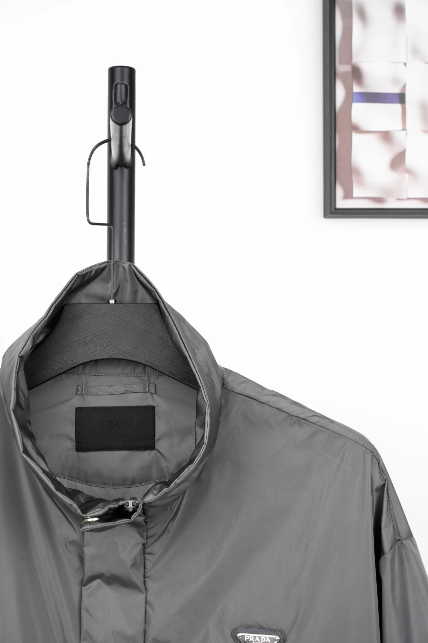 Prada Grey Lightweight Stand-Collar Triangle Logo Jacket product photo from LabelPicks