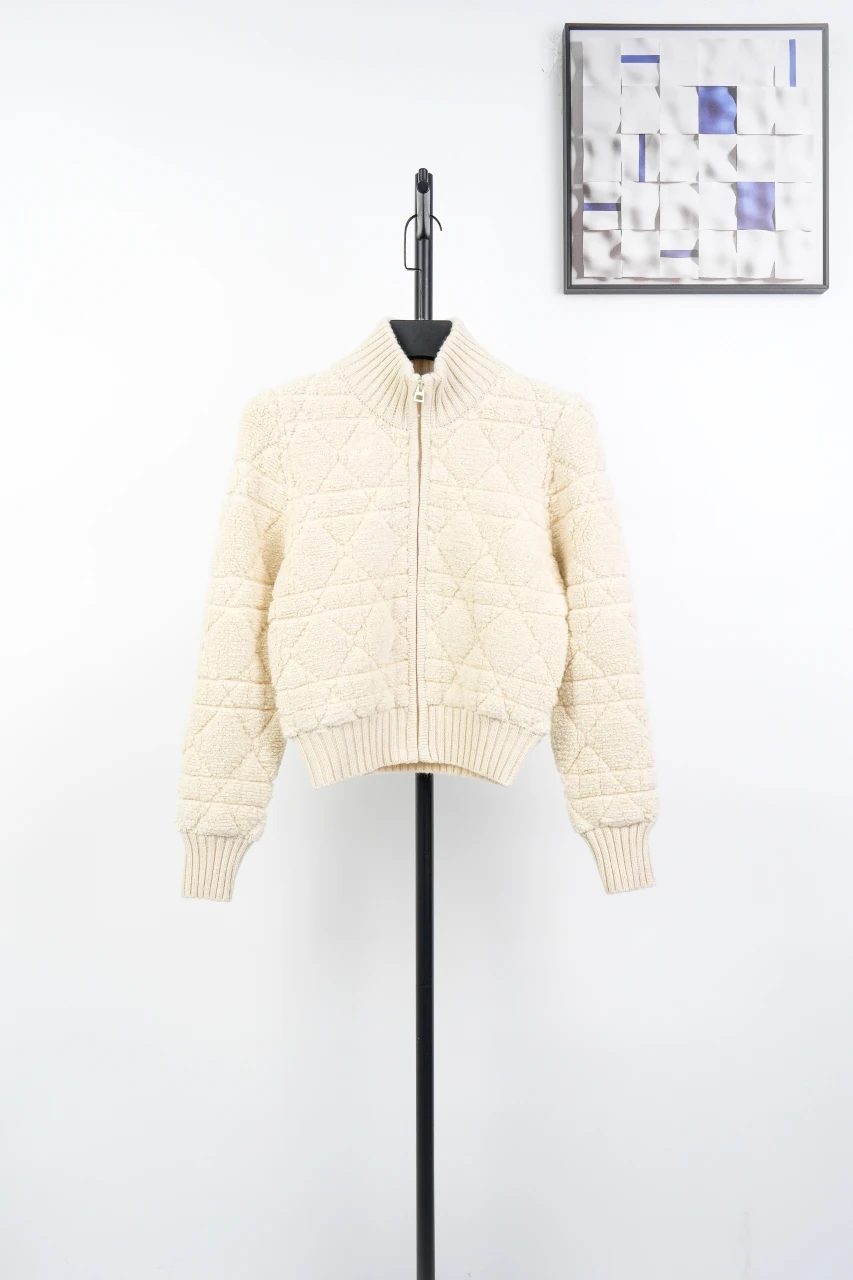 Dior Cream Diamond Jacquard Wool Zip Knit Top product photo from LabelPicks