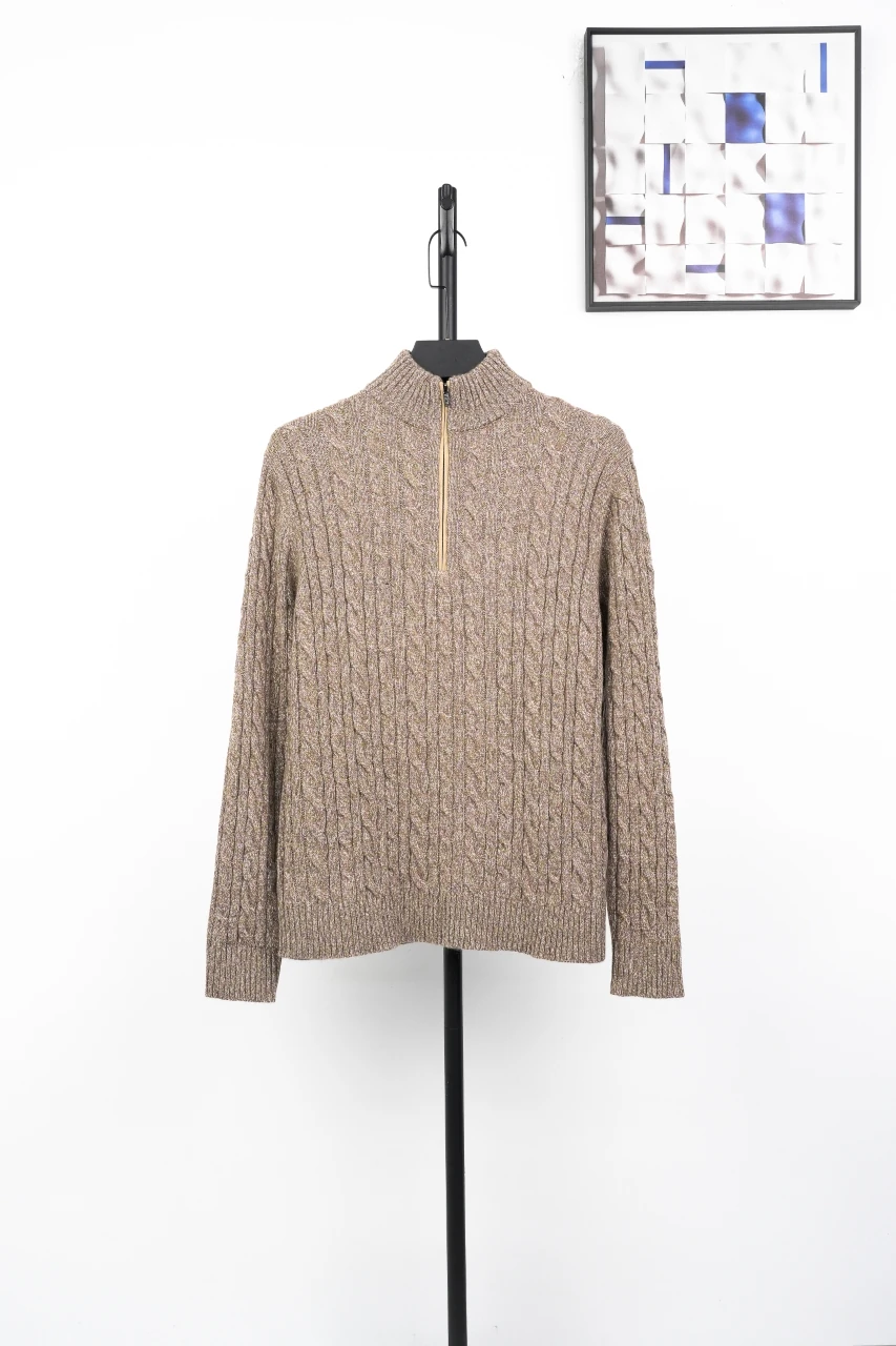 Loro Piana Beige Brown Cable-Knit Half-Zip Wool Sweater product photo from LabelPicks