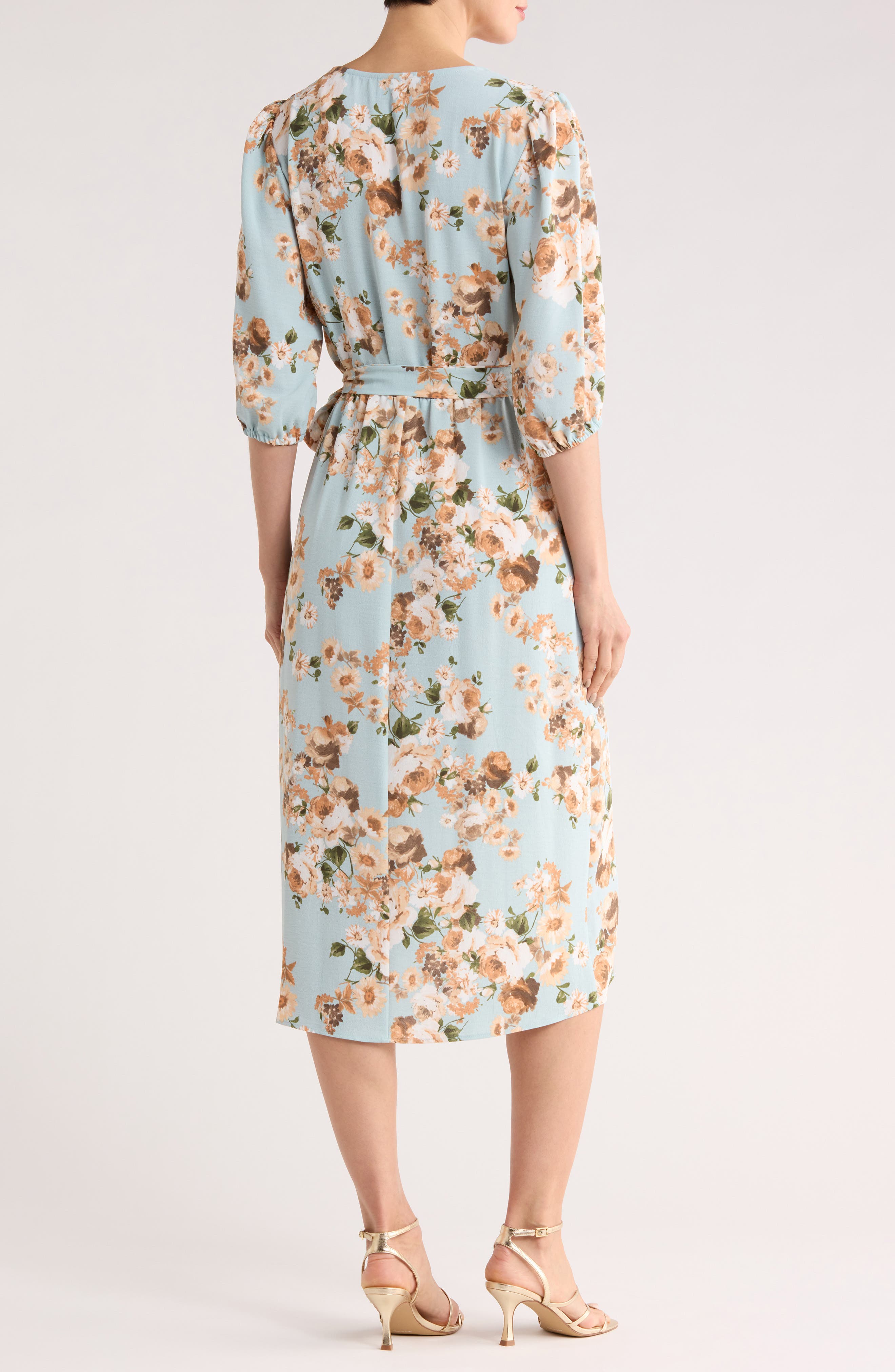 Connected Apparel Floral Faux Wrap Midi Dress
