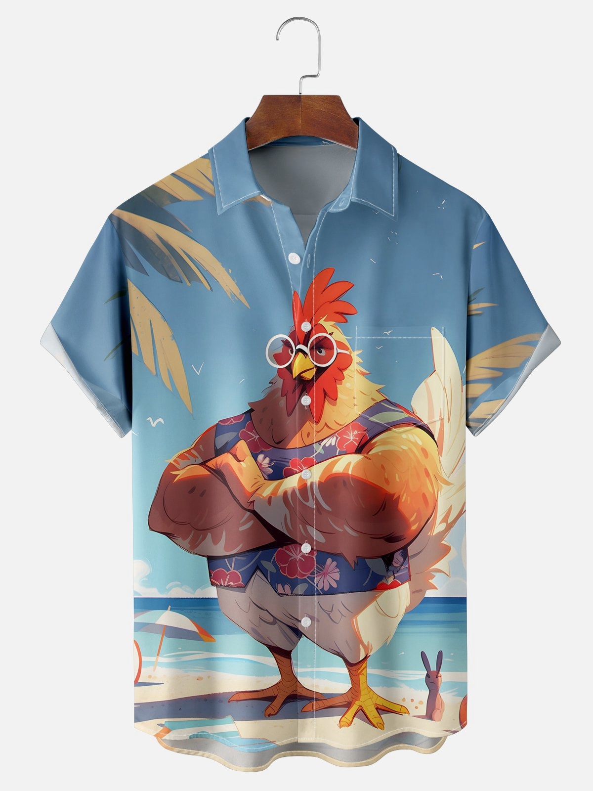 Moisture-wicking Beach Vacation Chicken Chest Pocket Hawaiian Shirt