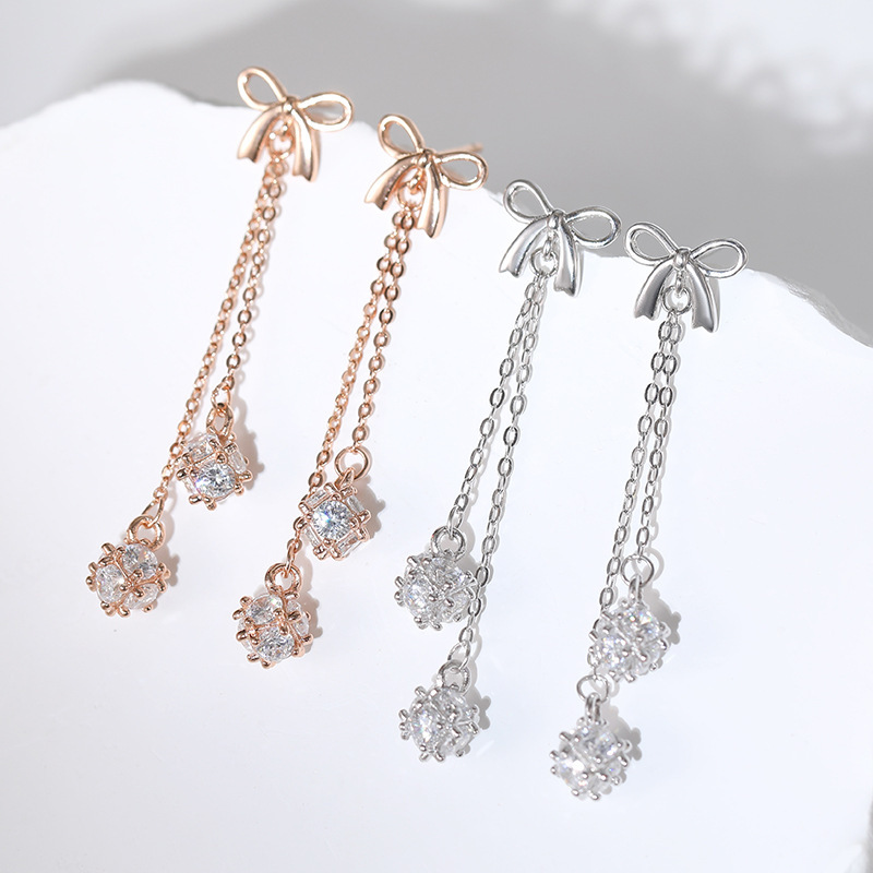 Forest-style bow and tassel earrings for women, made of 925 sterling silver, in a Korean style, unique and sweet, long drop earrings, trendy ins-style accessories