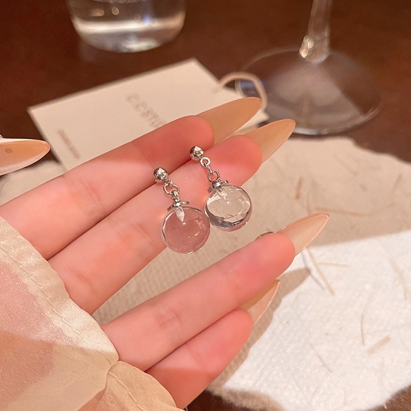 Transparent glass ball earrings, 925 sterling silver, niche light luxury, minimalist style, high-end feel, summer French-style water drop earrings